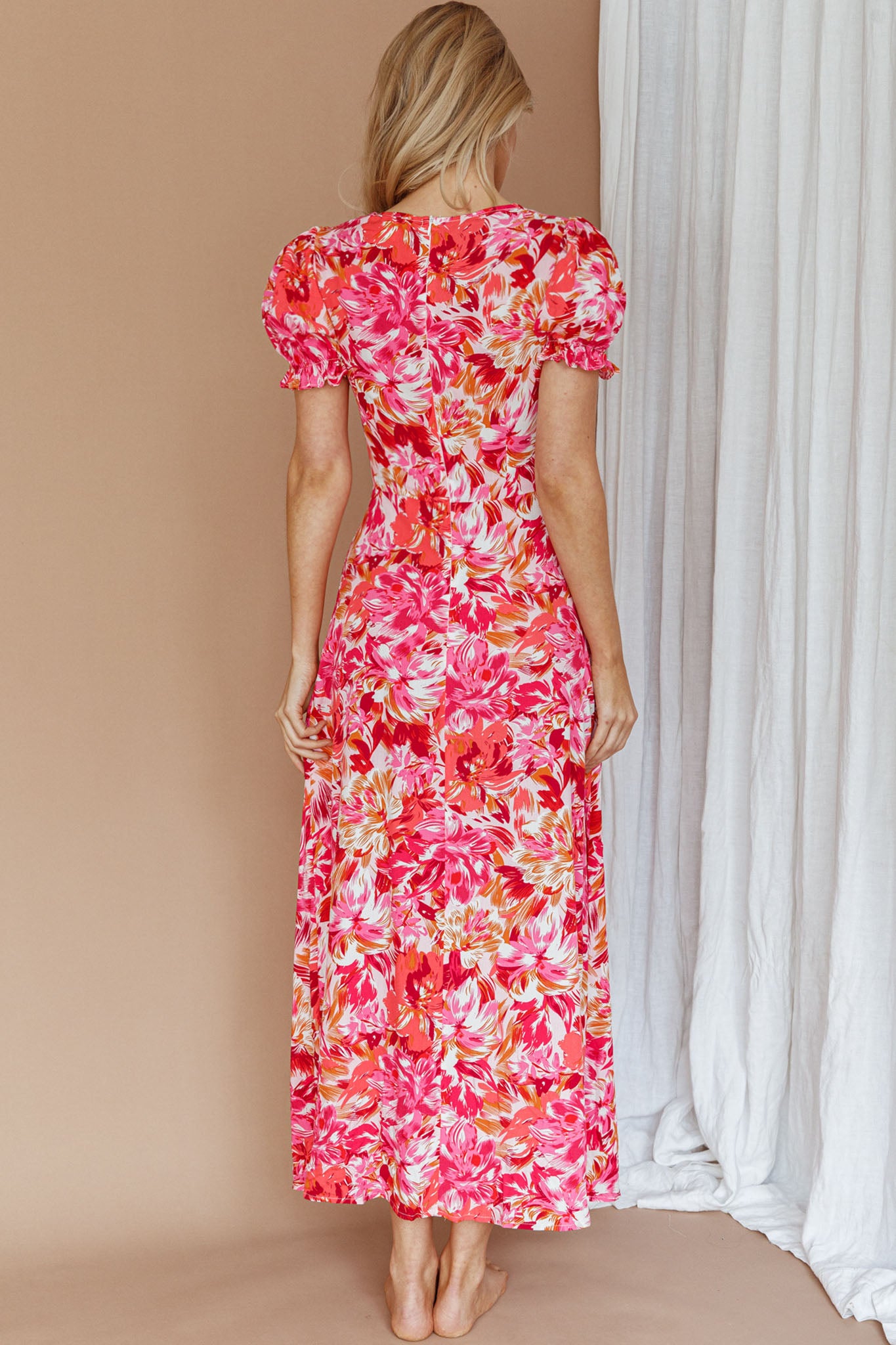 Montebello Puff Sleeve Maxi Dress Floral Pink/Orange-Maymioy