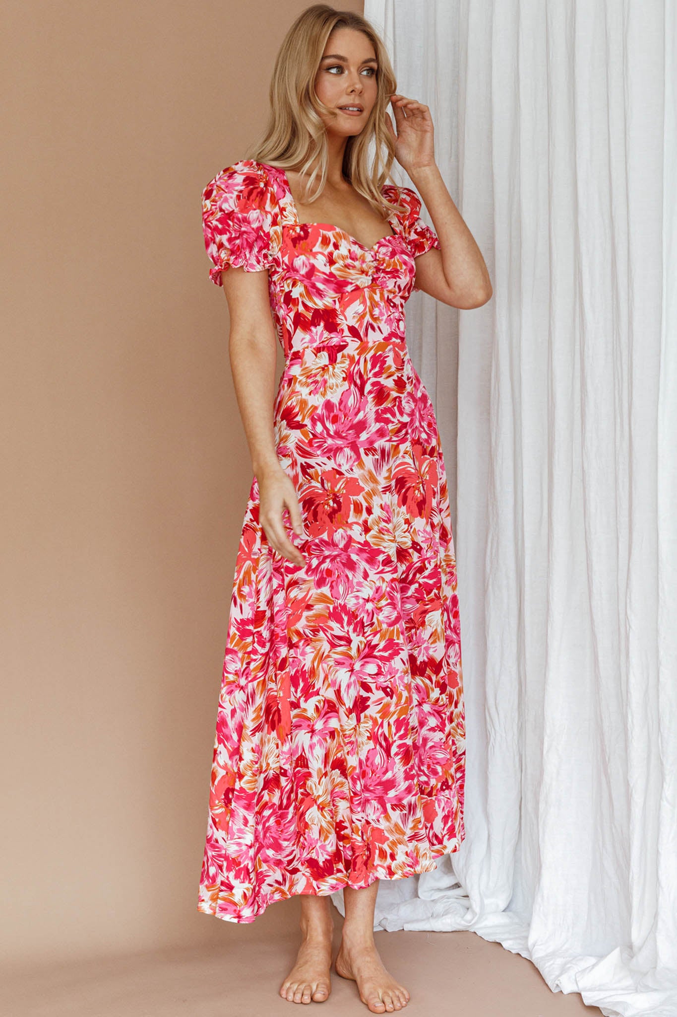 Montebello Puff Sleeve Maxi Dress Floral Pink/Orange-Maymioy