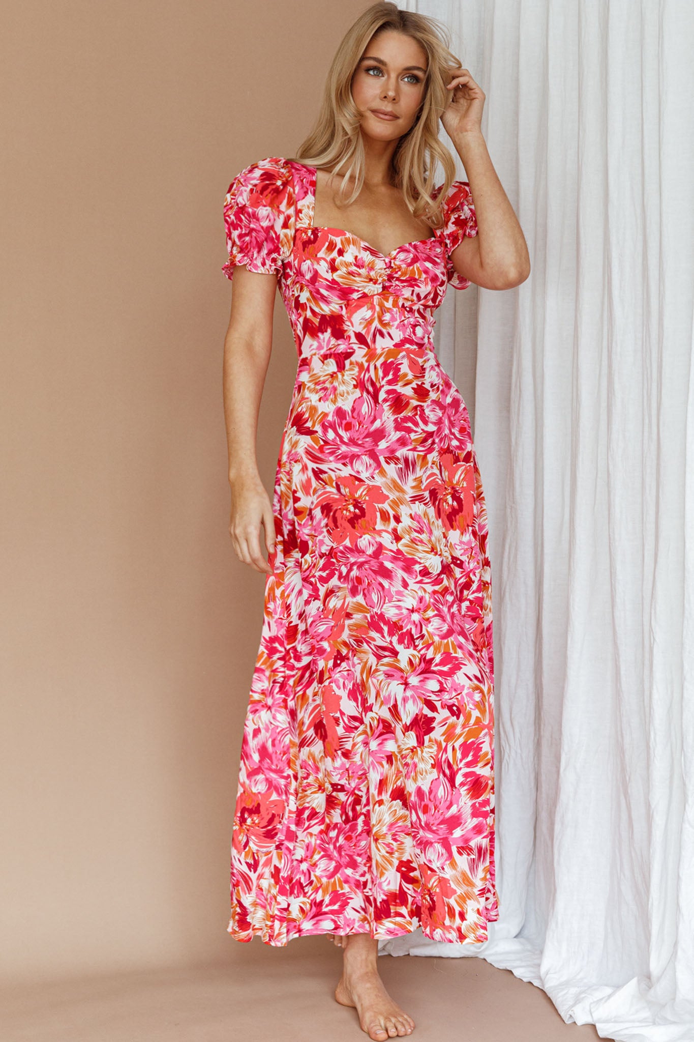 Montebello Puff Sleeve Maxi Dress Floral Pink/Orange-Maymioy
