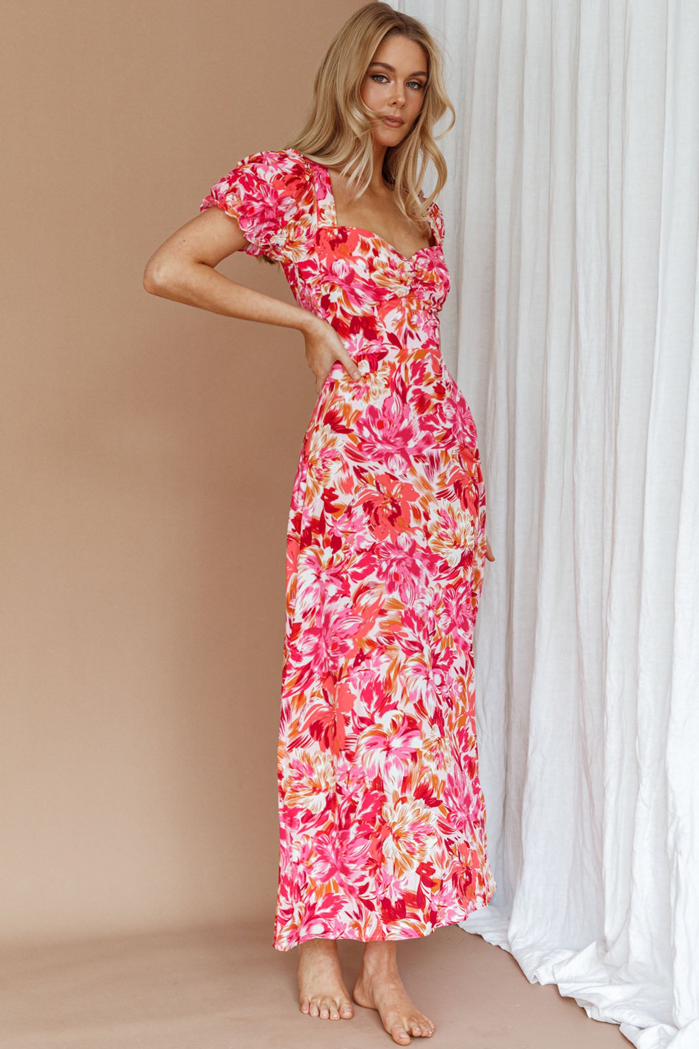 Montebello Puff Sleeve Maxi Dress Floral Pink/Orange-Maymioy