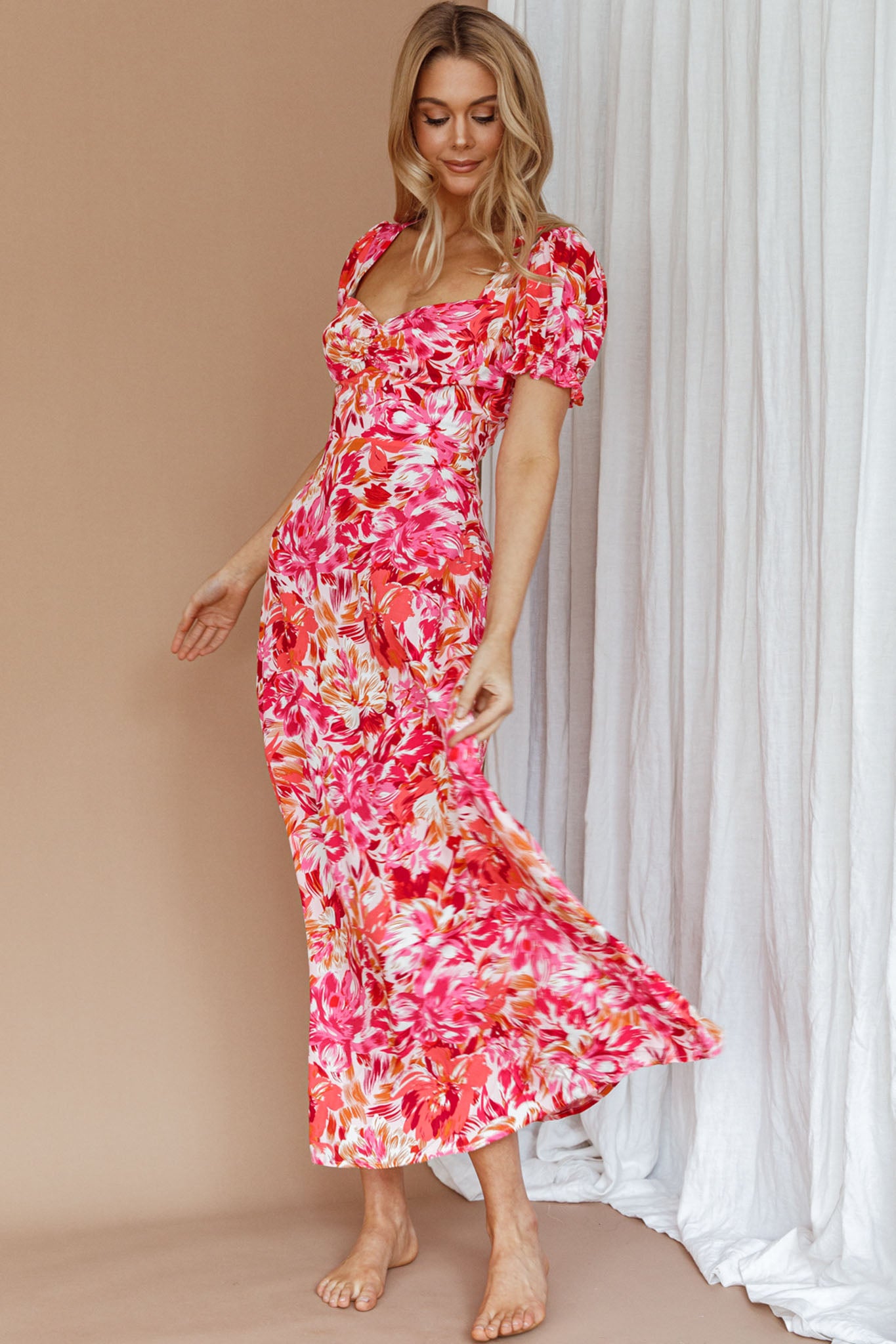 Montebello Puff Sleeve Maxi Dress Floral Pink/Orange-Maymioy