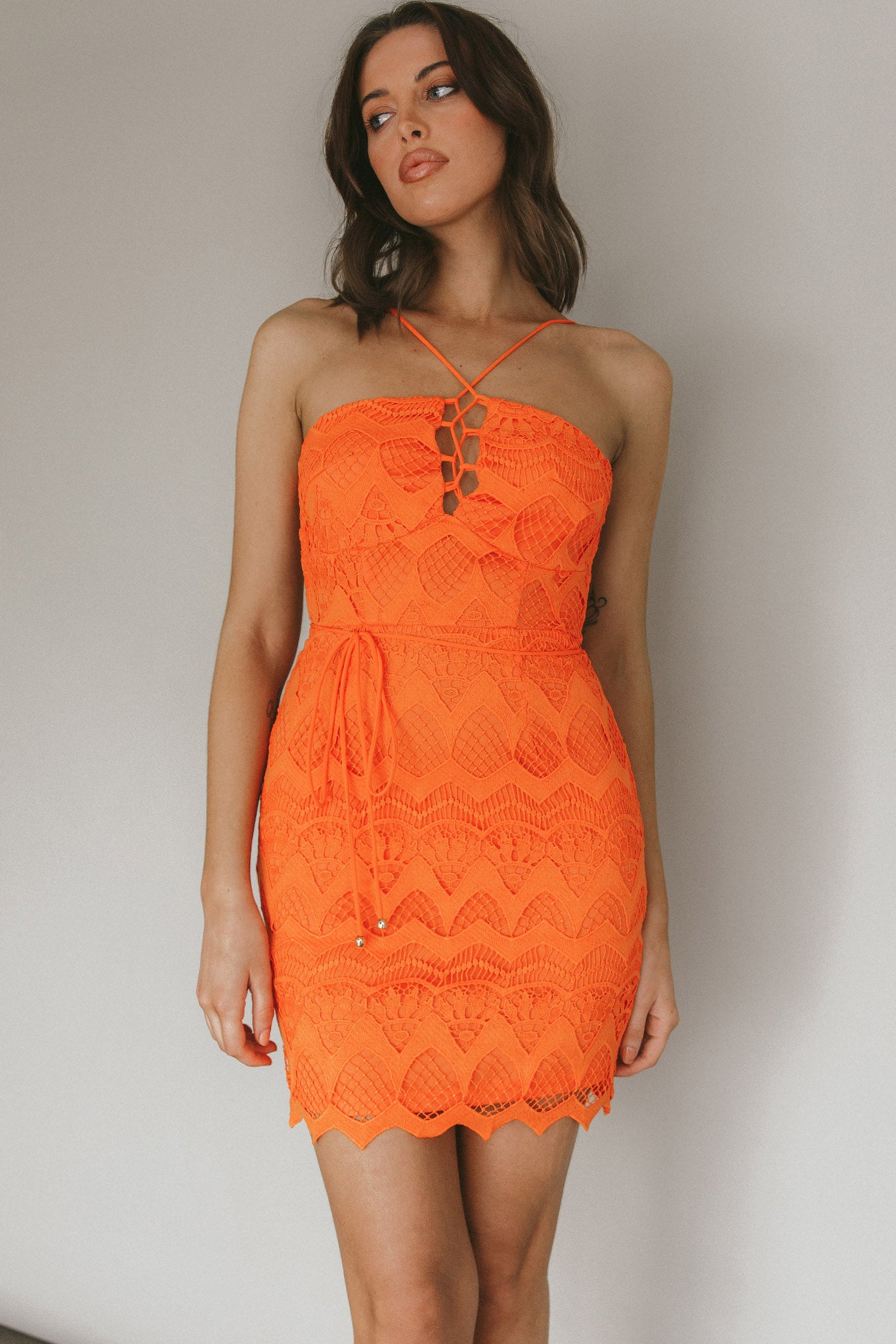 St Kilda Embroidered Lace Strappy Dress Coral-Maymioy