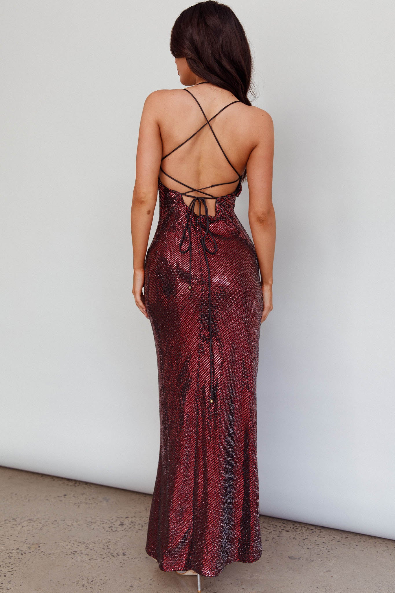 State Of Mind Lace-Up Back Sequin Dress Red-Maymioy