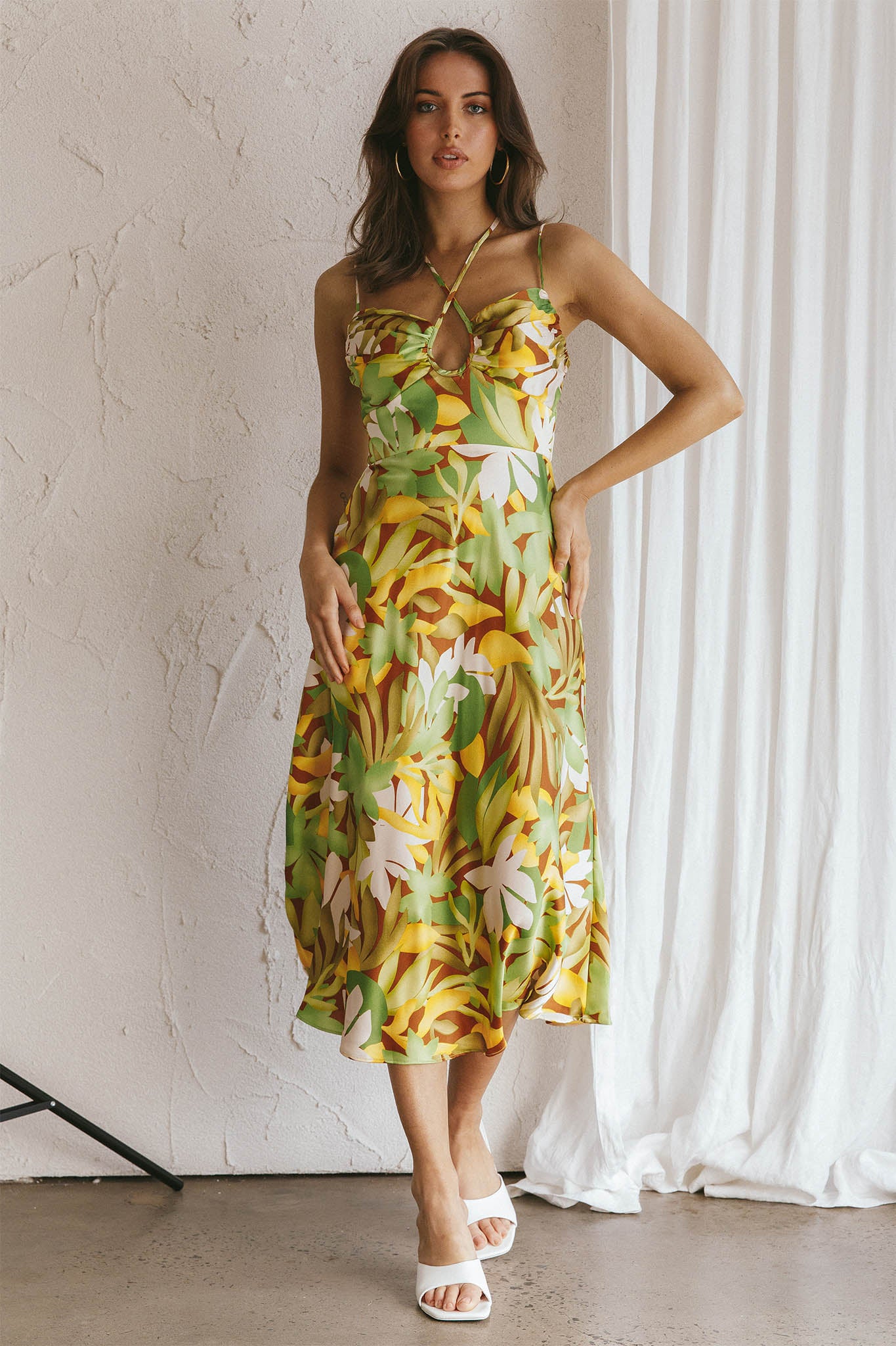 Emmalie Satin Midi Dress Floral Green-Maymioy