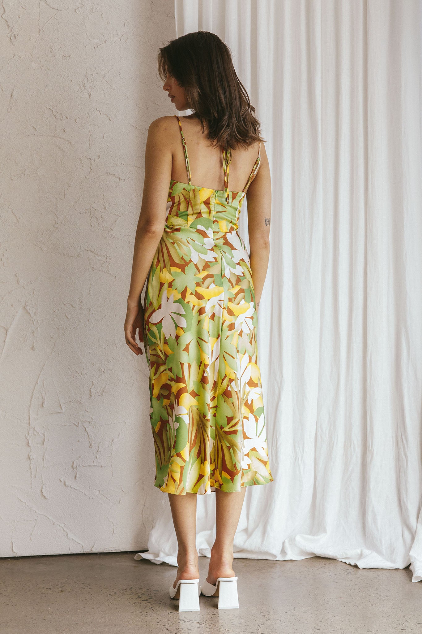 Emmalie Satin Midi Dress Floral Green-Maymioy