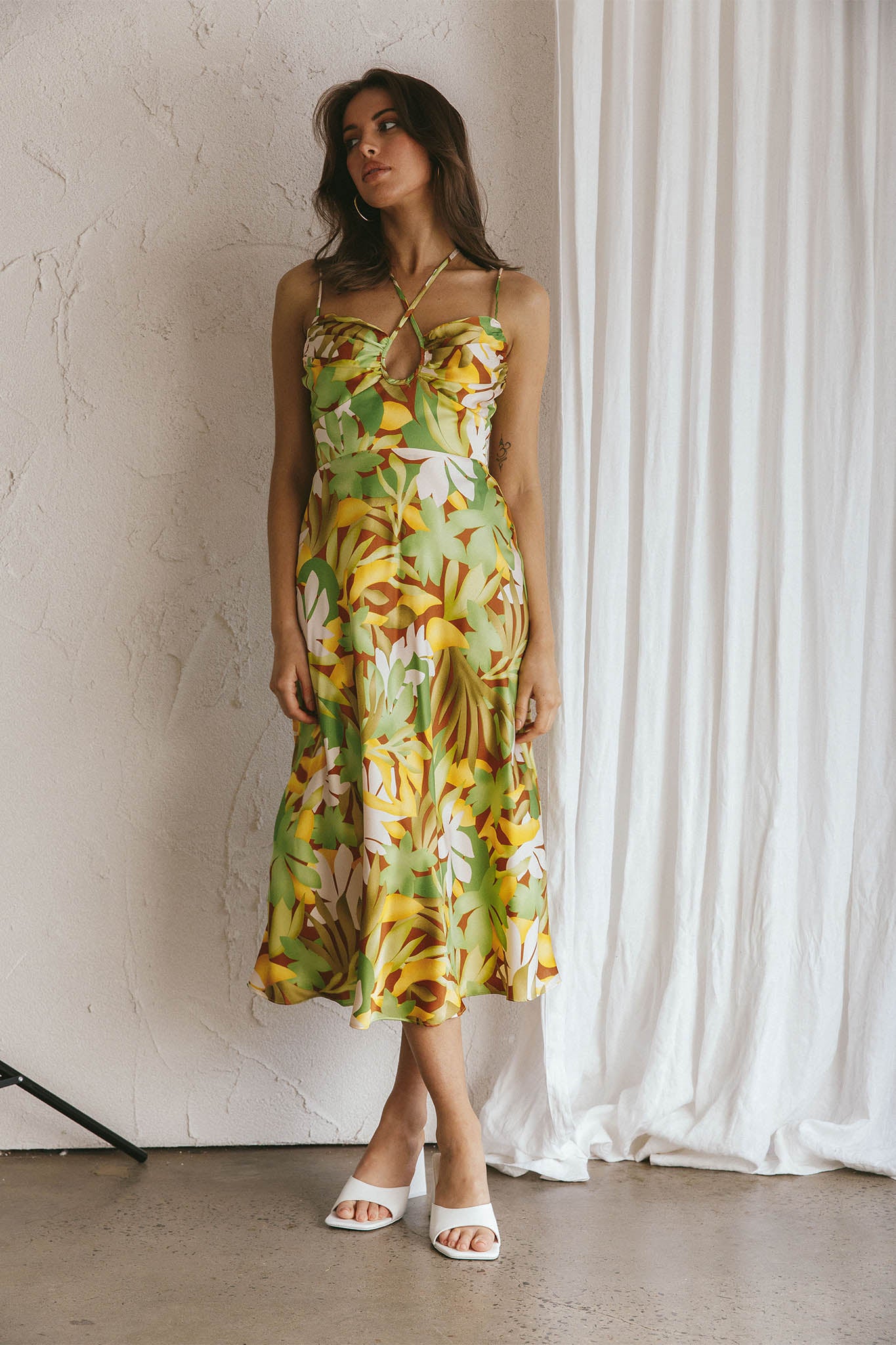 Emmalie Satin Midi Dress Floral Green-Maymioy