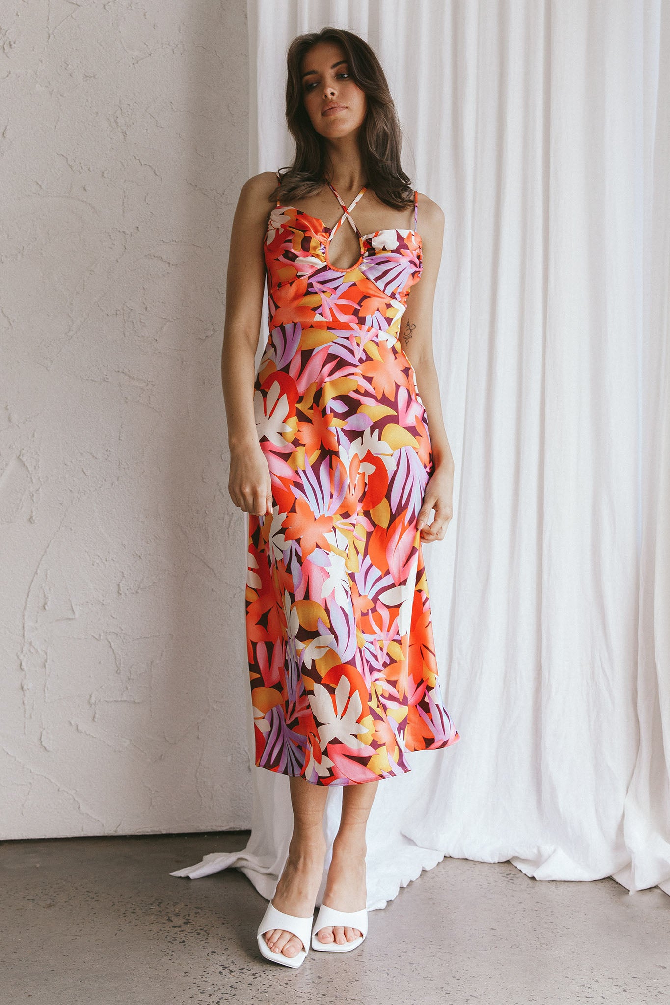Emmalie Satin Midi Dress Floral Orange-Maymioy