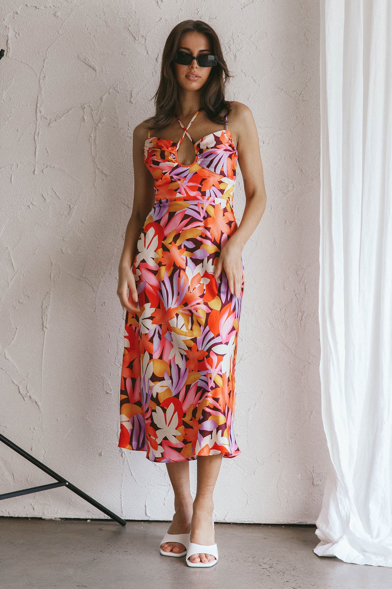 Emmalie Satin Midi Dress Floral Orange-Maymioy