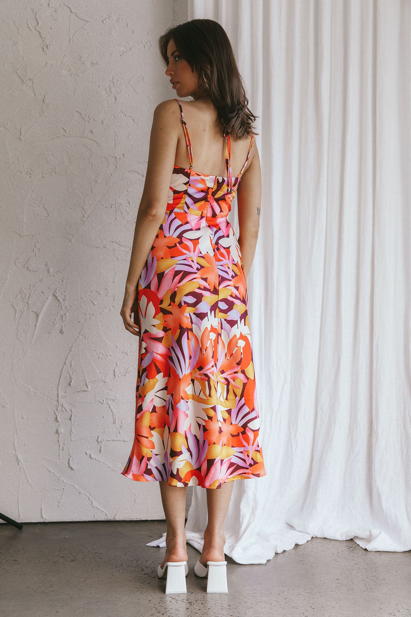 Emmalie Satin Midi Dress Floral Orange-Maymioy