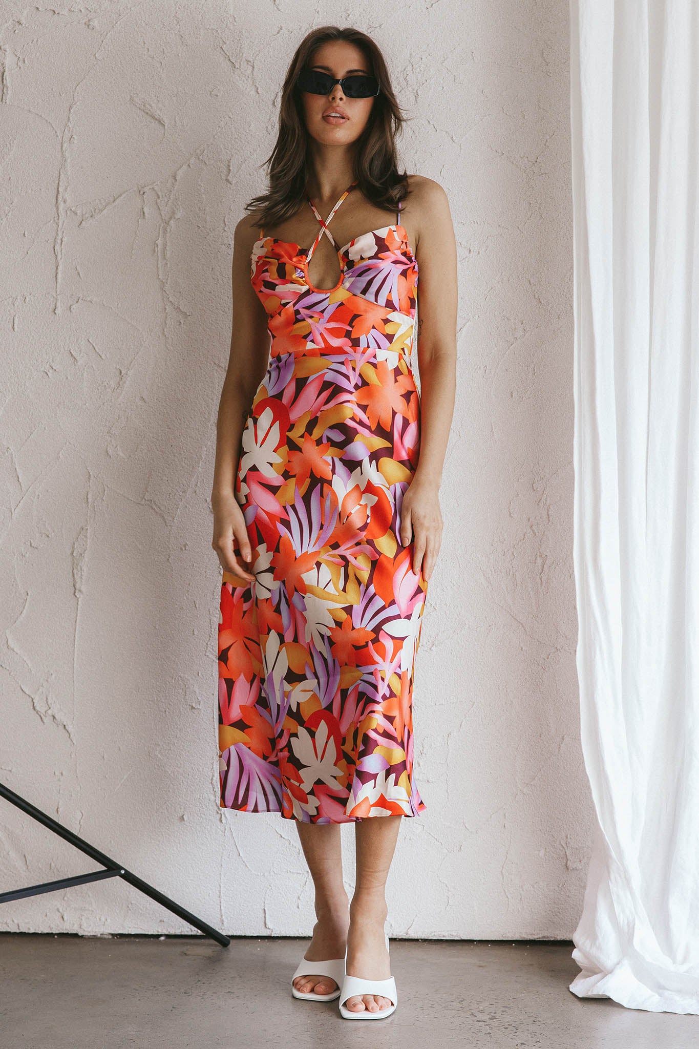 Emmalie Satin Midi Dress Floral Orange-Maymioy