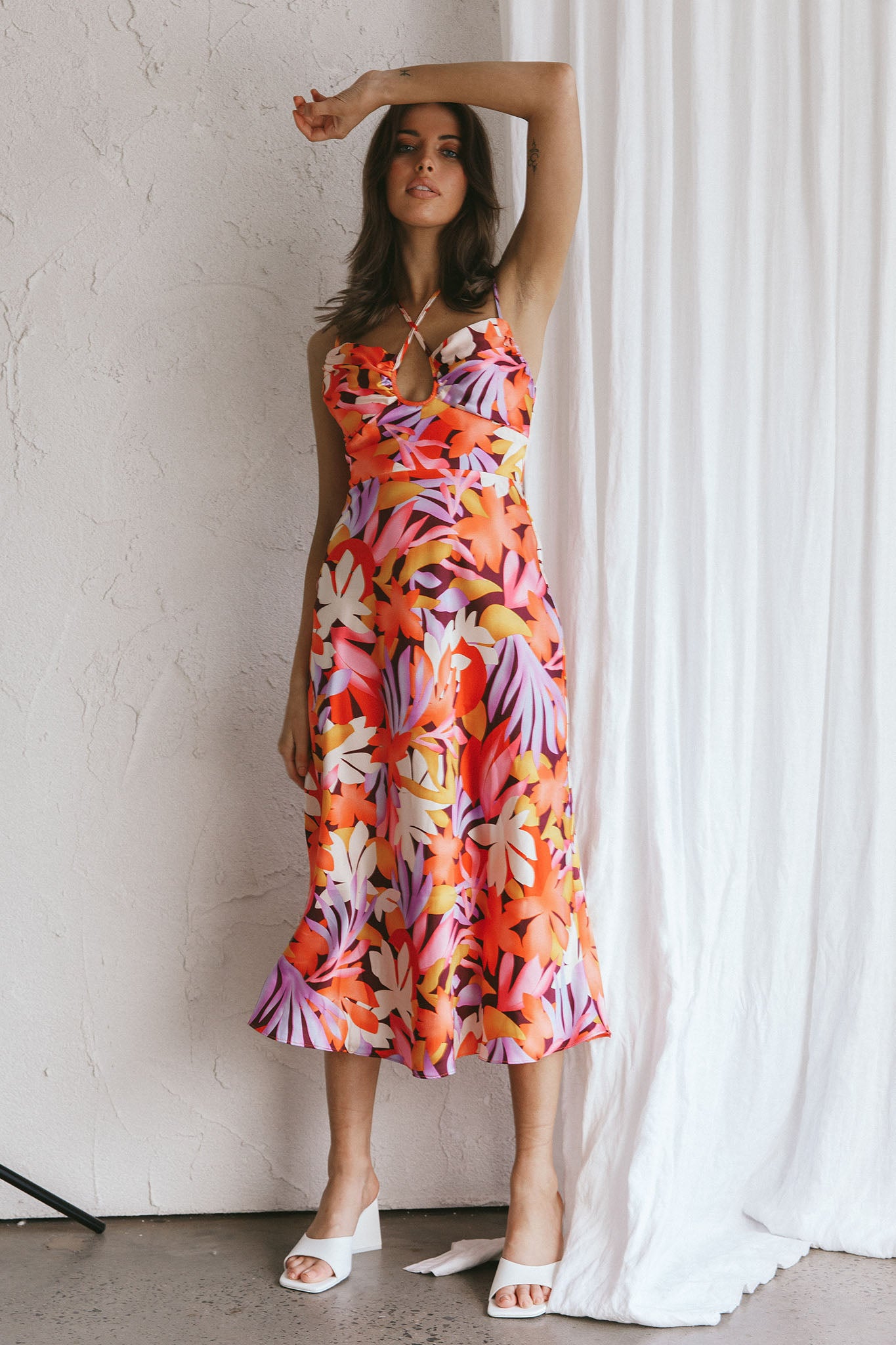 Emmalie Satin Midi Dress Floral Orange-Maymioy