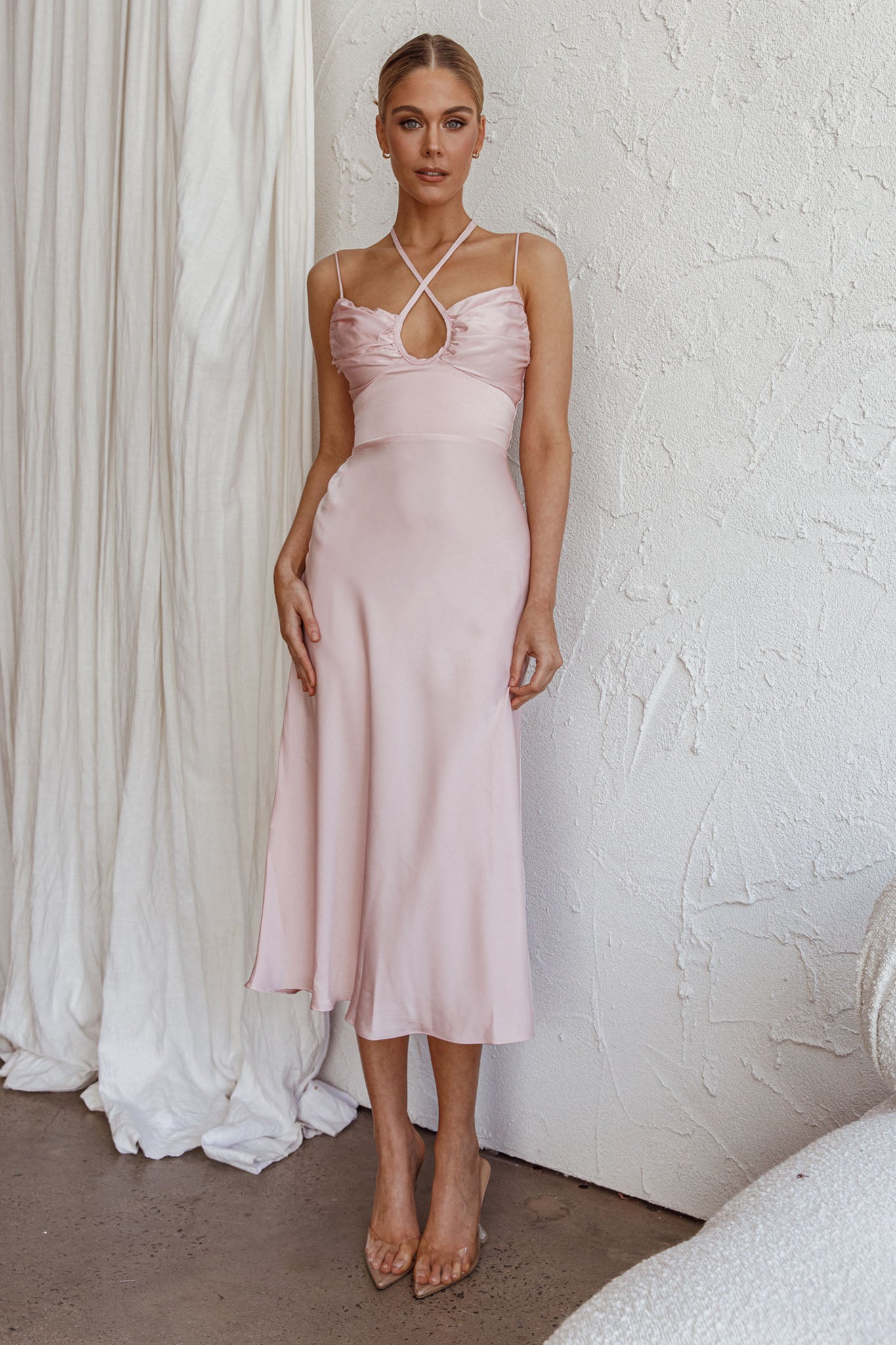 Emmalie Satin Midi Dress Pink-Maymioy