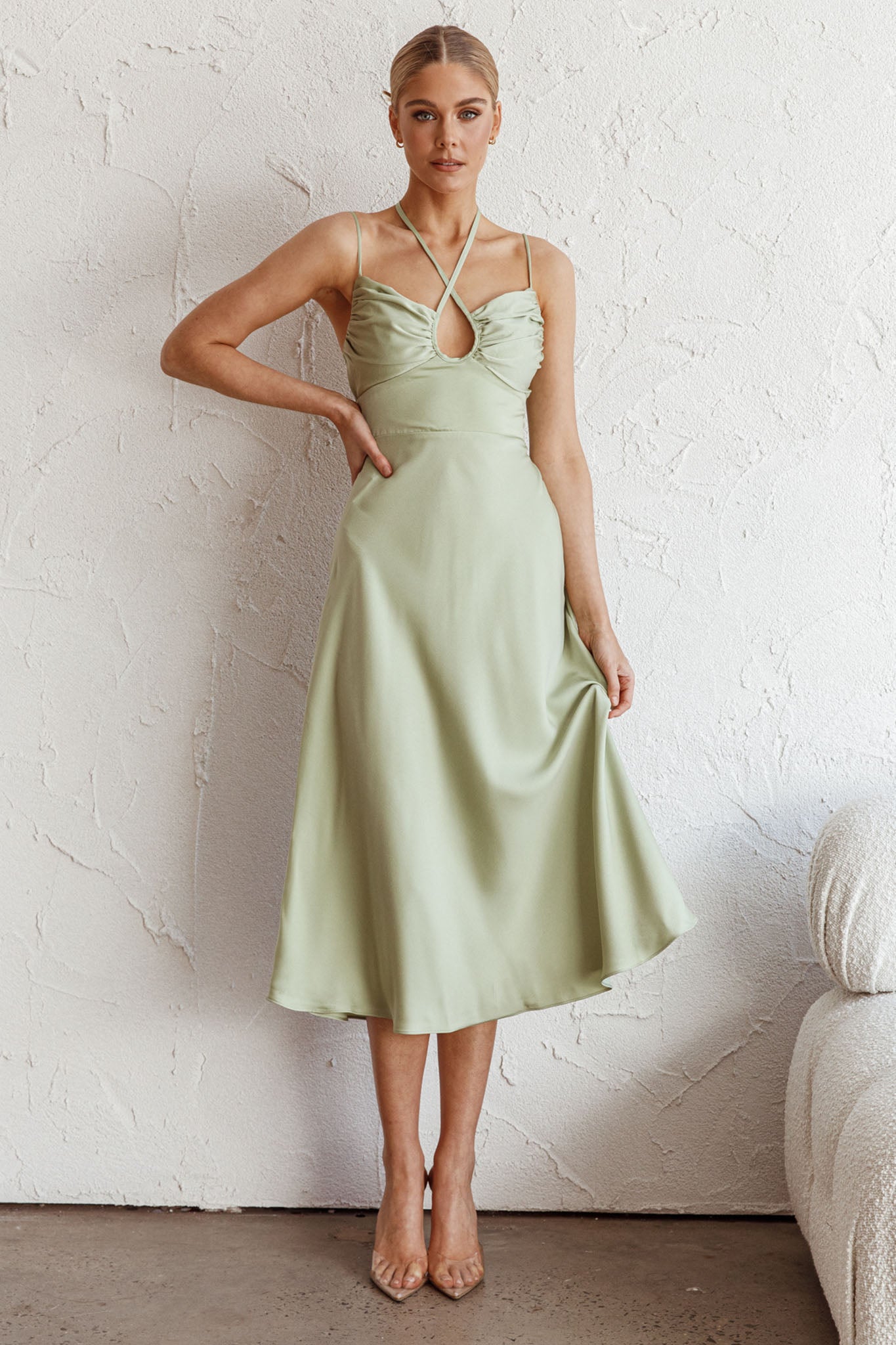 Emmalie Satin Midi Dress Sage-Maymioy