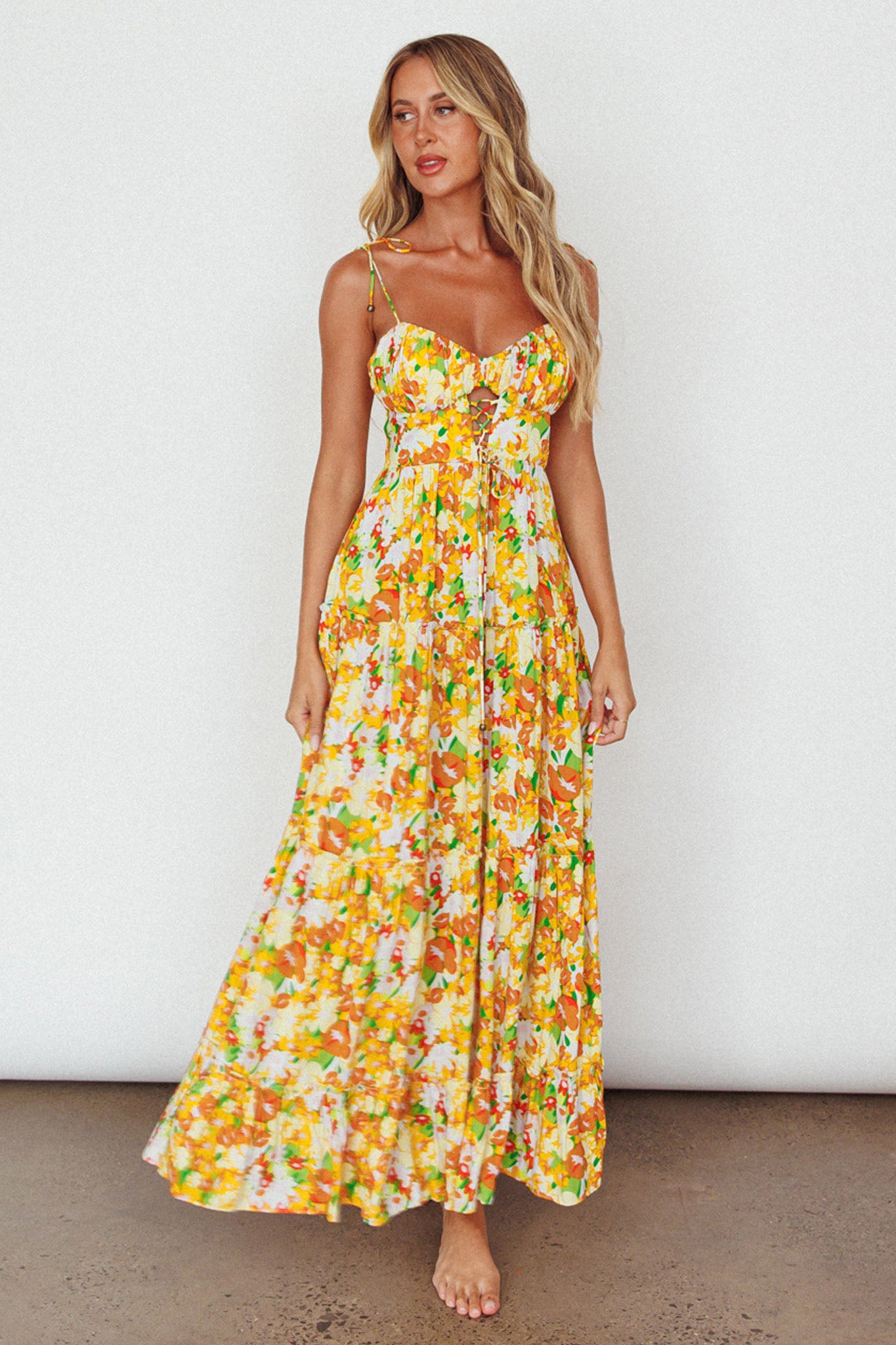 Kinlee Lace-Up Bodice Maxi Dress Floral Orange-Maymioy