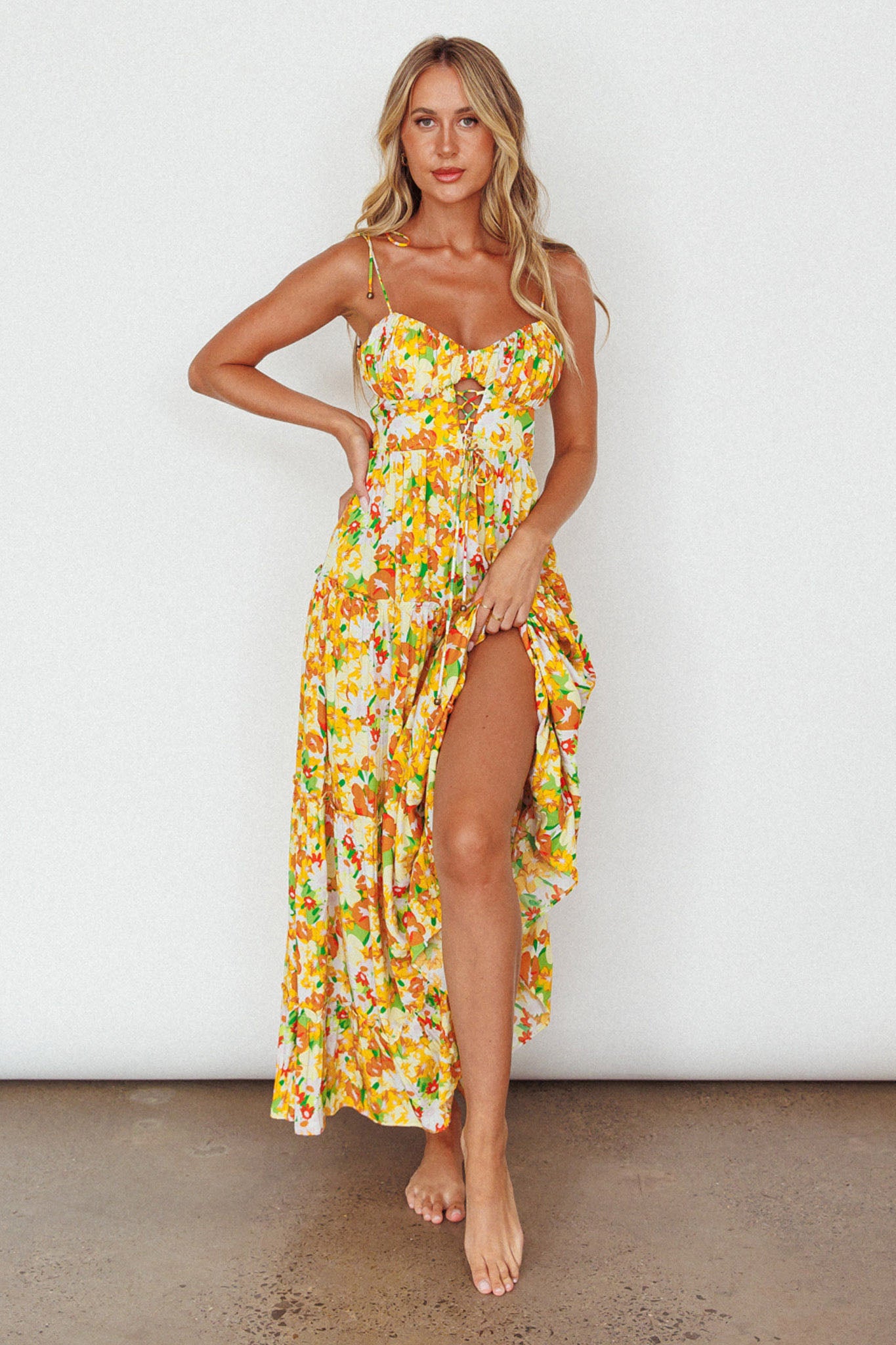 Kinlee Lace-Up Bodice Maxi Dress Floral Orange-Maymioy
