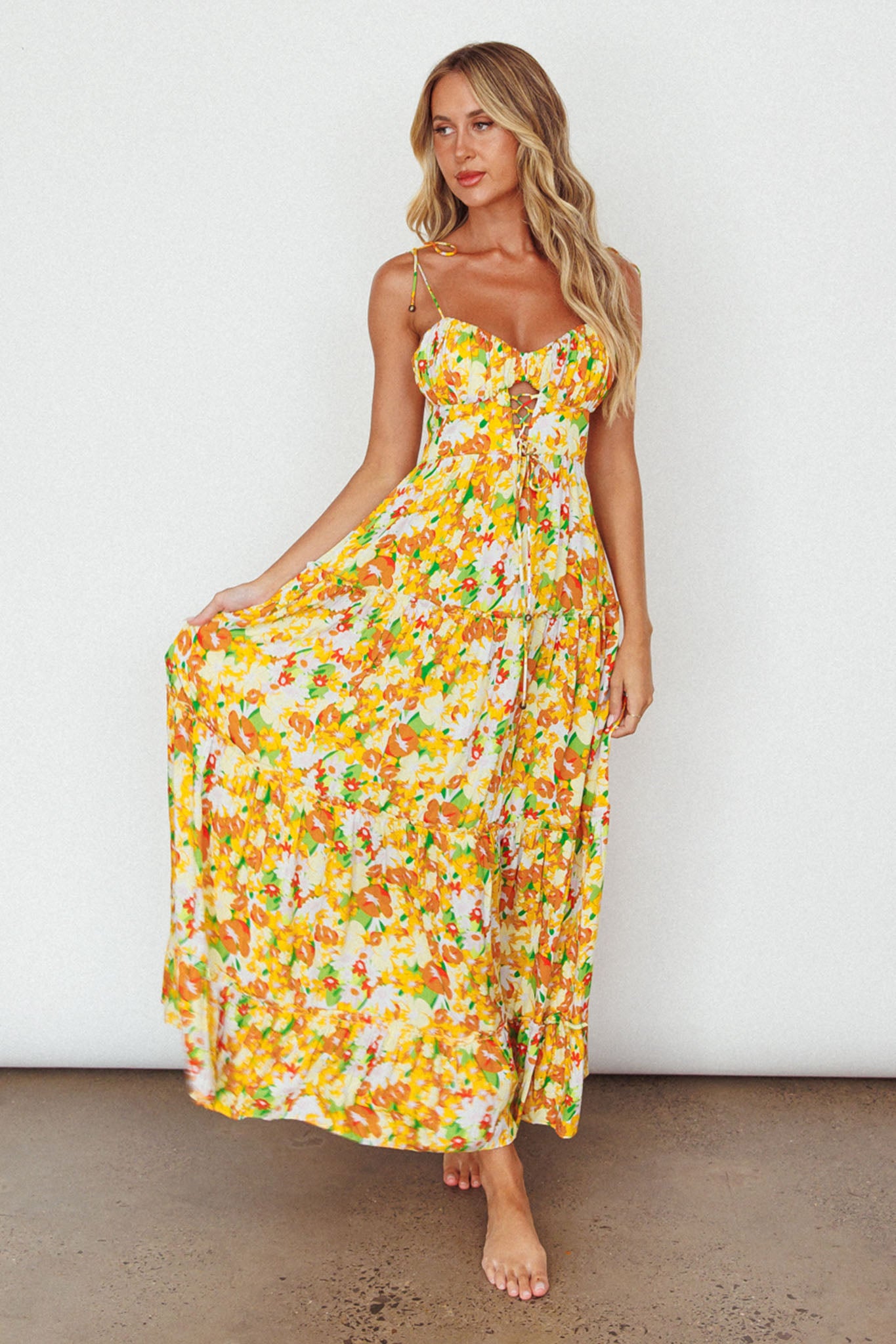 Kinlee Lace-Up Bodice Maxi Dress Floral Orange-Maymioy
