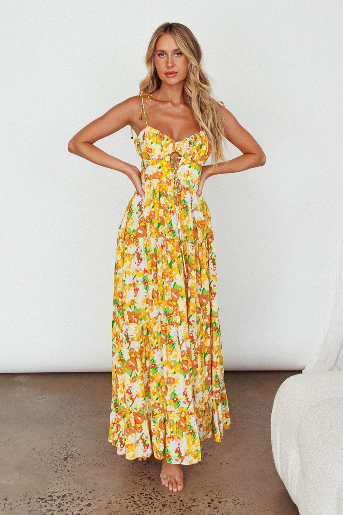 Kinlee Lace-Up Bodice Maxi Dress Floral Orange-Maymioy