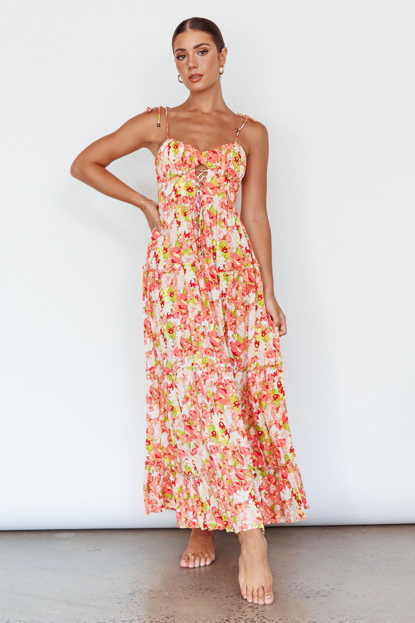 Kinlee Lace-Up Bodice Maxi Dress Floral Pink-Maymioy
