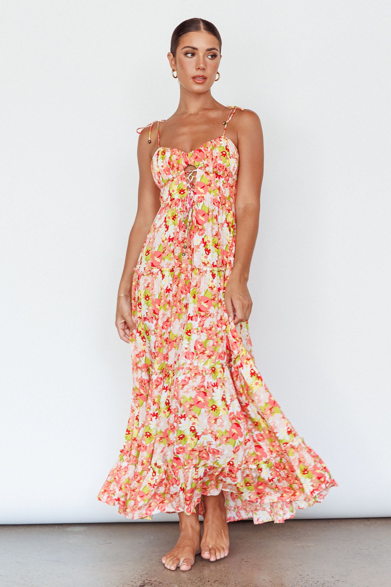 Kinlee Lace-Up Bodice Maxi Dress Floral Pink-Maymioy