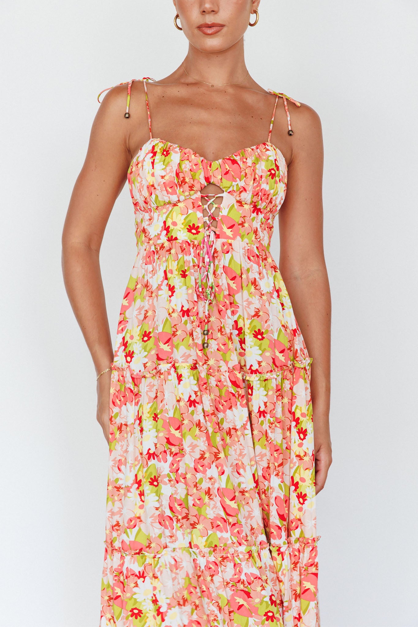 Kinlee Lace-Up Bodice Maxi Dress Floral Pink-Maymioy