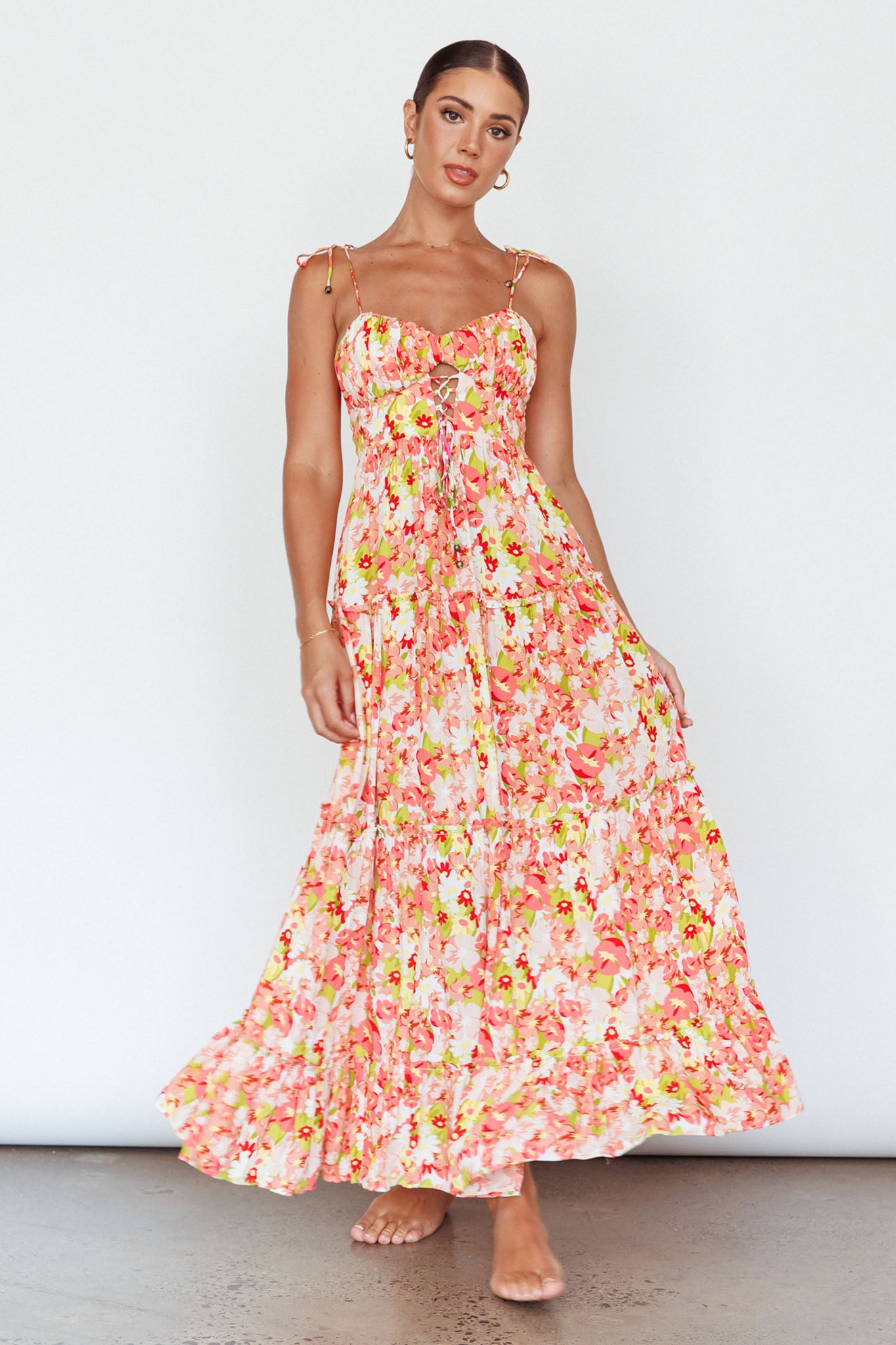 Kinlee Lace-Up Bodice Maxi Dress Floral Pink-Maymioy