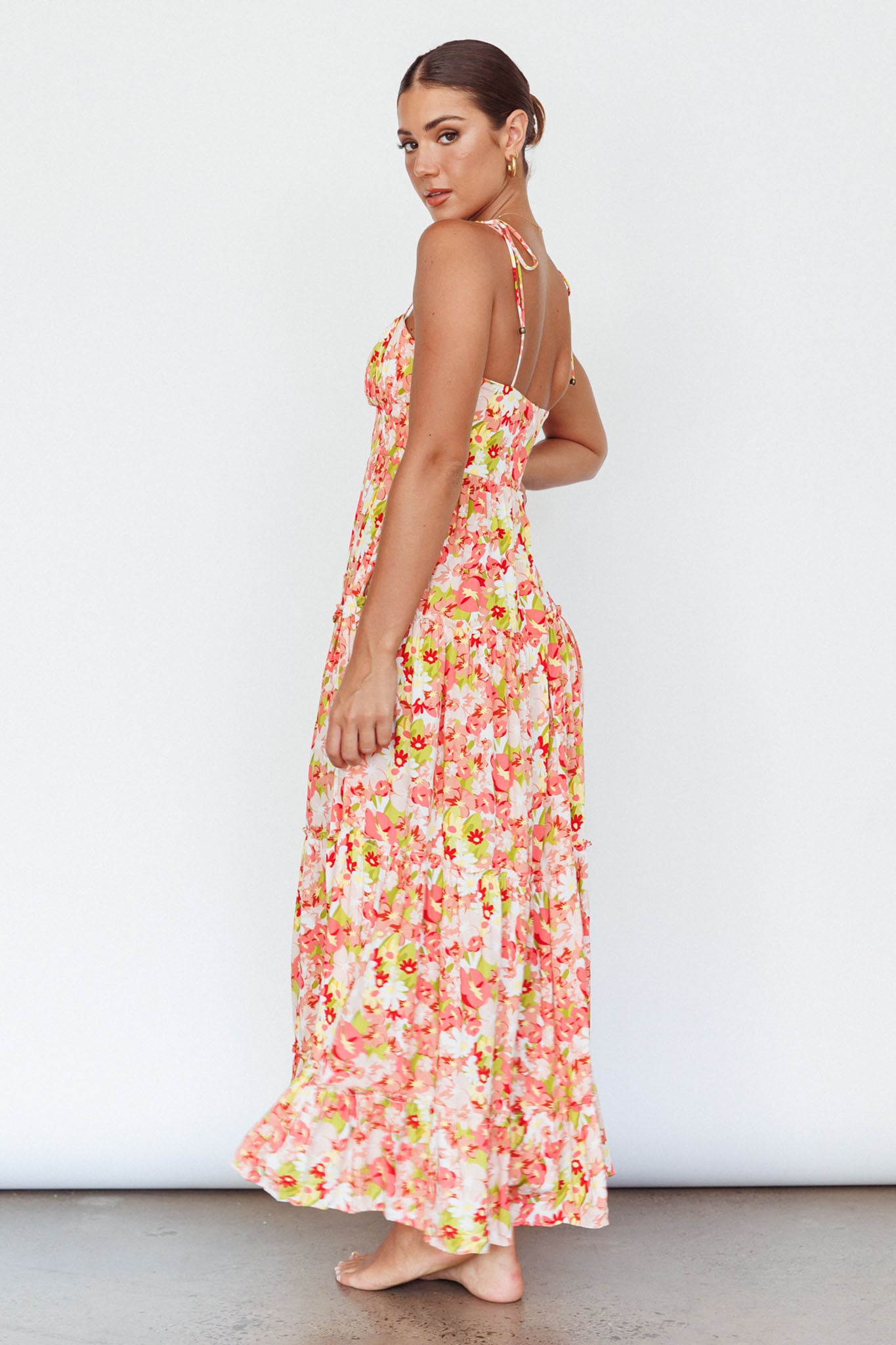 Kinlee Lace-Up Bodice Maxi Dress Floral Pink-Maymioy