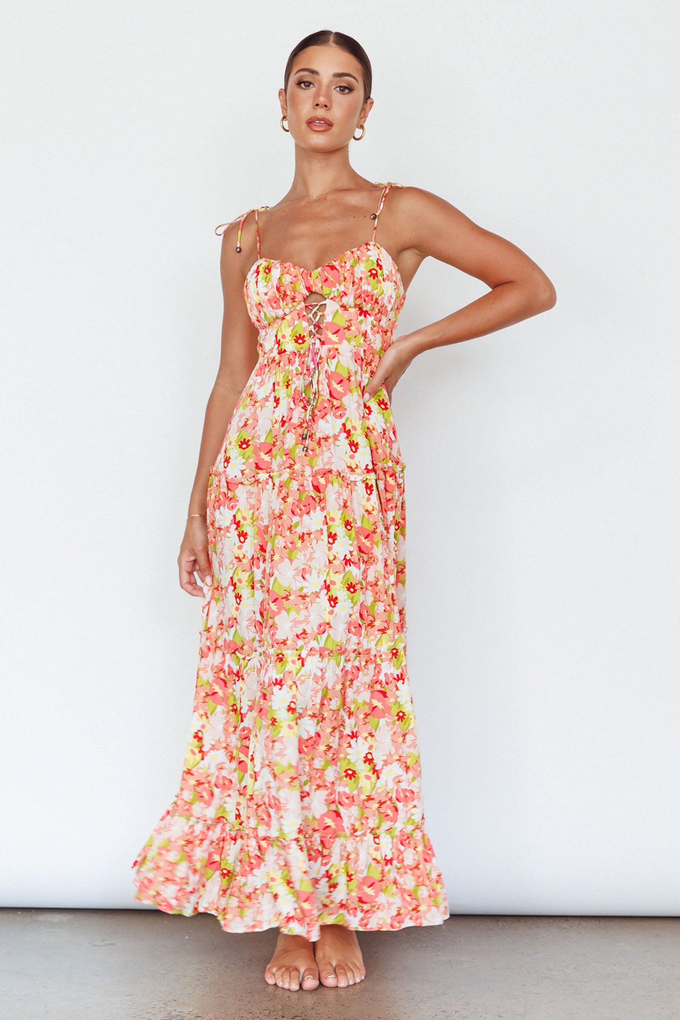 Kinlee Lace-Up Bodice Maxi Dress Floral Pink-Maymioy