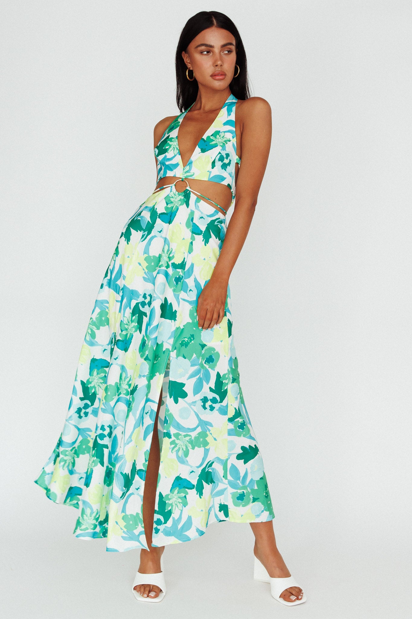Tuscan Summers Cut-Out Midi Dress Floral Green-Maymioy