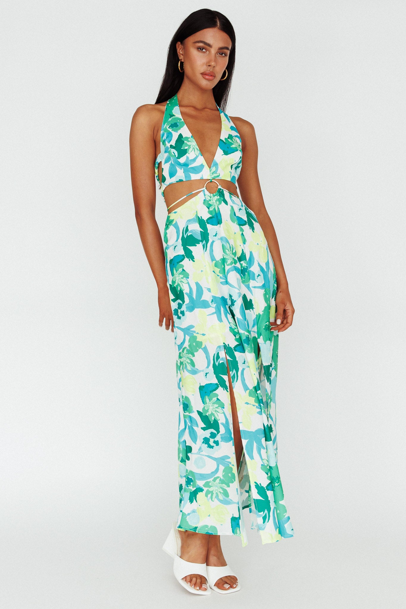 Tuscan Summers Cut-Out Midi Dress Floral Green-Maymioy