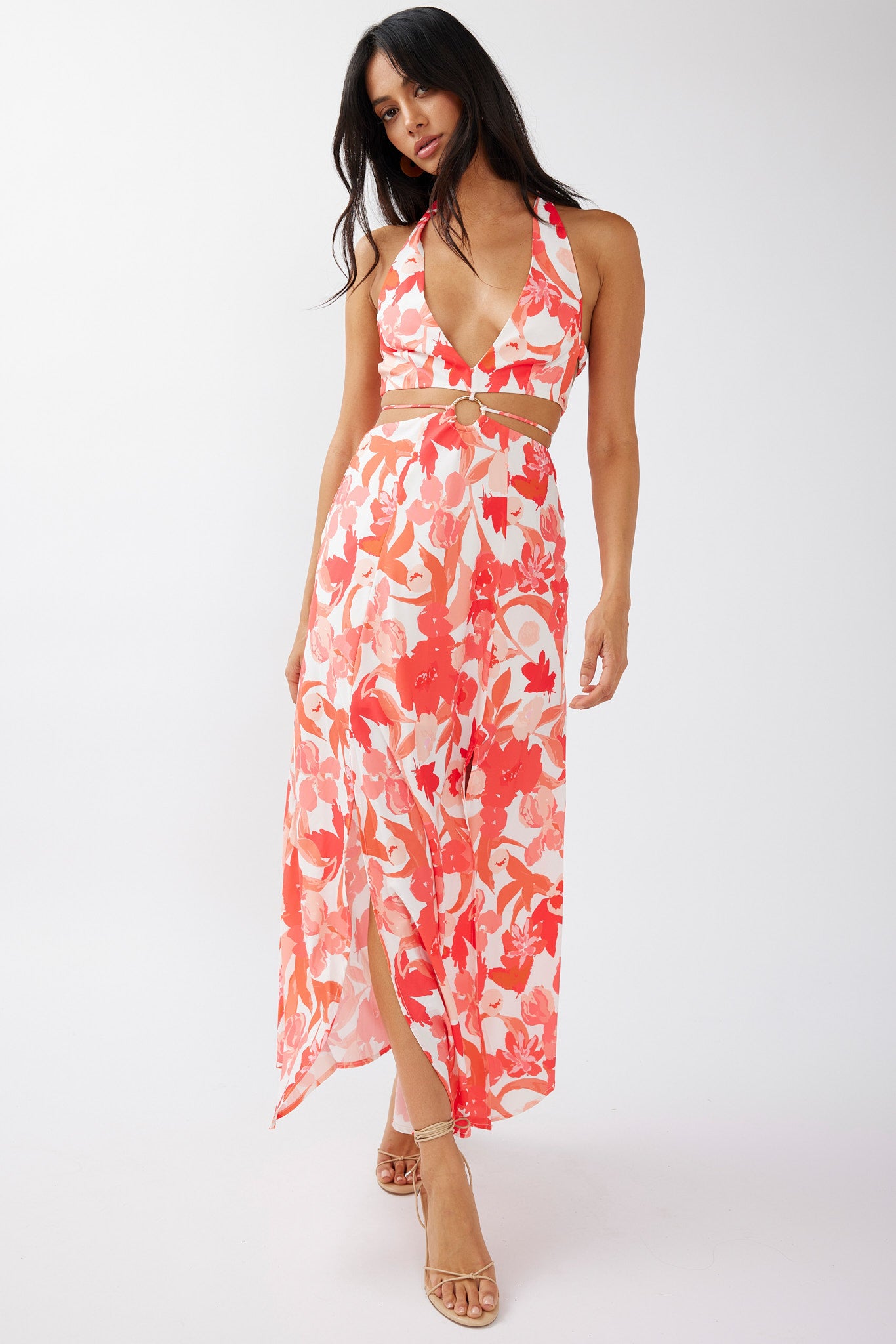 Tuscan Summers Cut-Out Midi Dress Floral Red-Maymioy