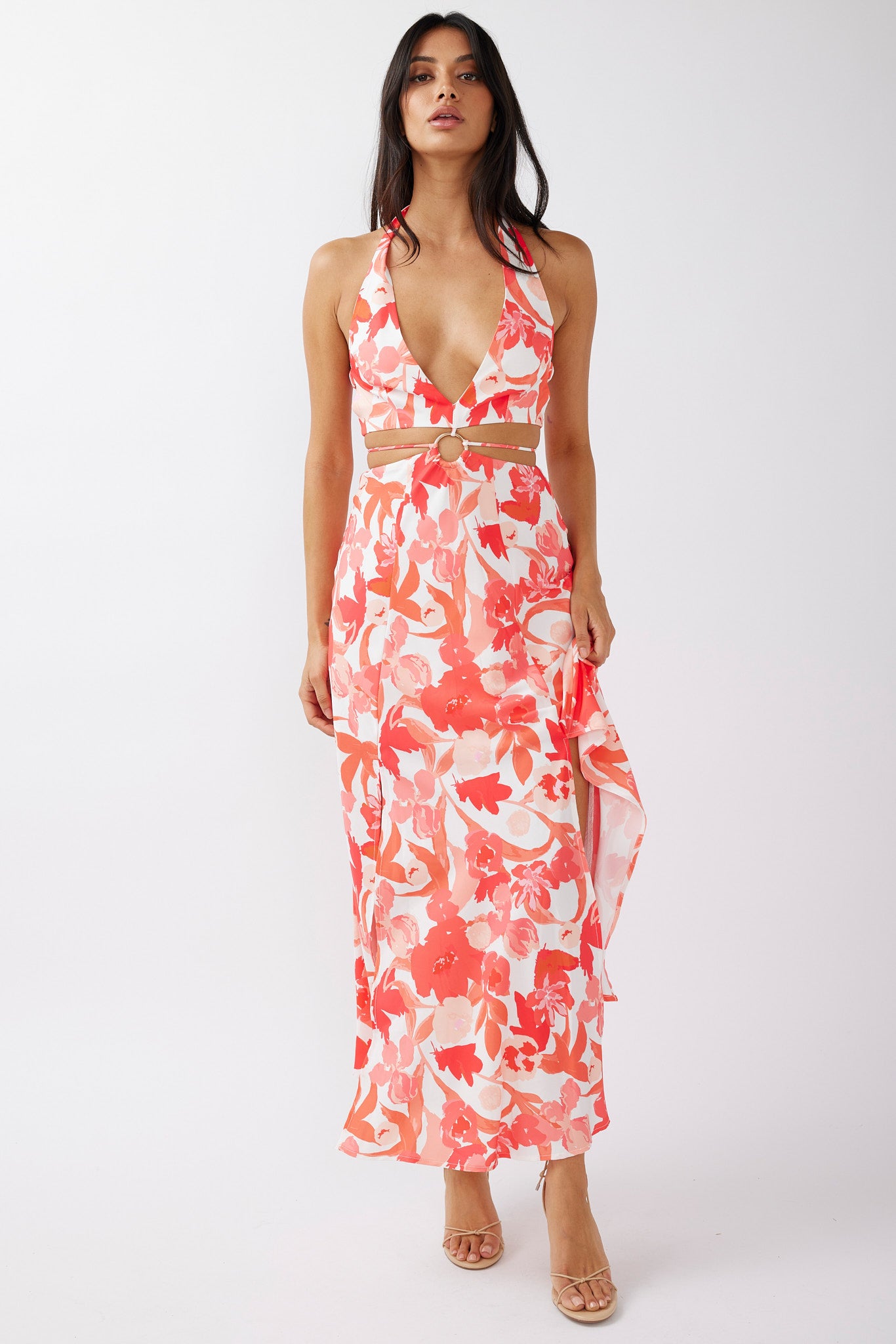 Tuscan Summers Cut-Out Midi Dress Floral Red-Maymioy