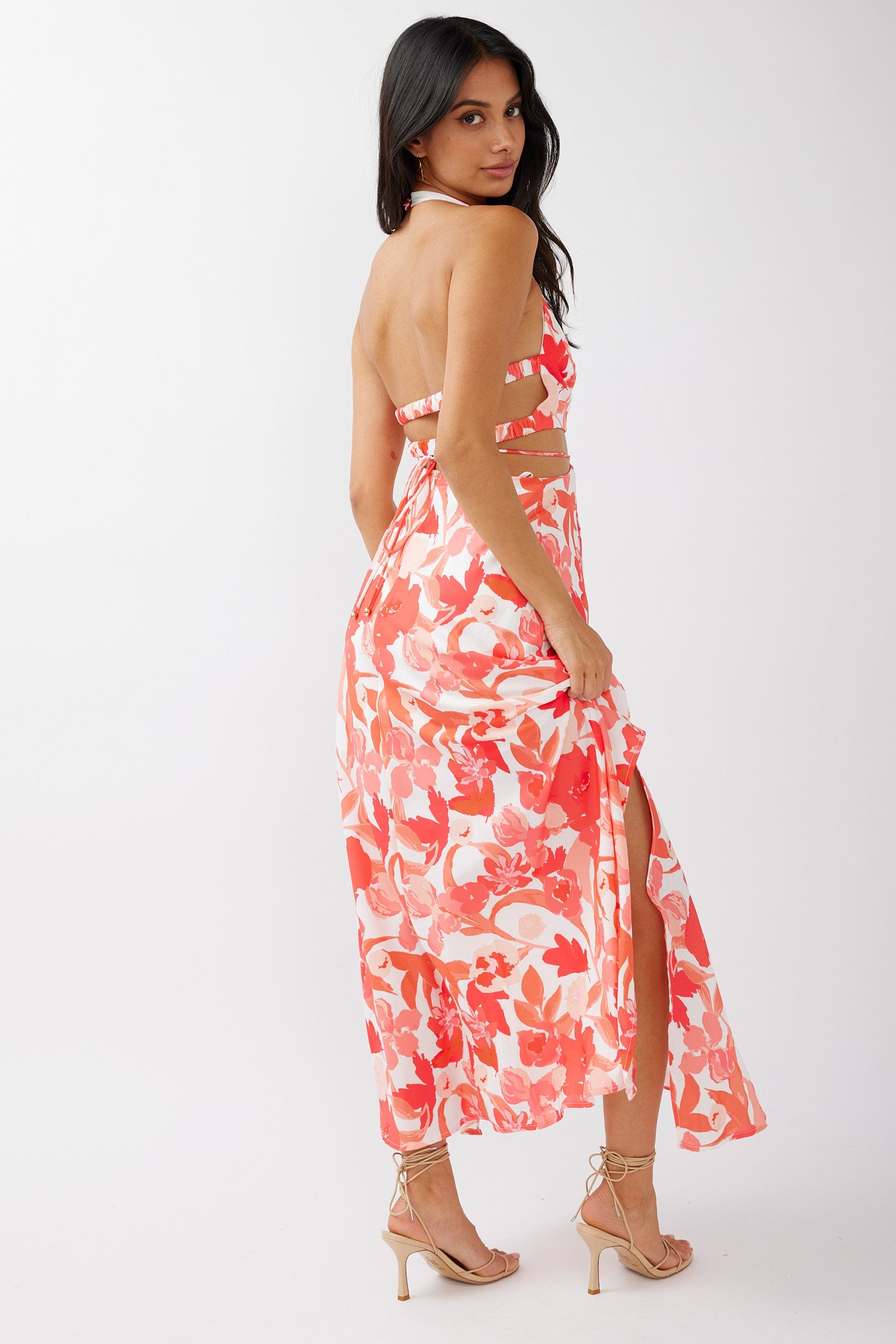 Tuscan Summers Cut-Out Midi Dress Floral Red-Maymioy