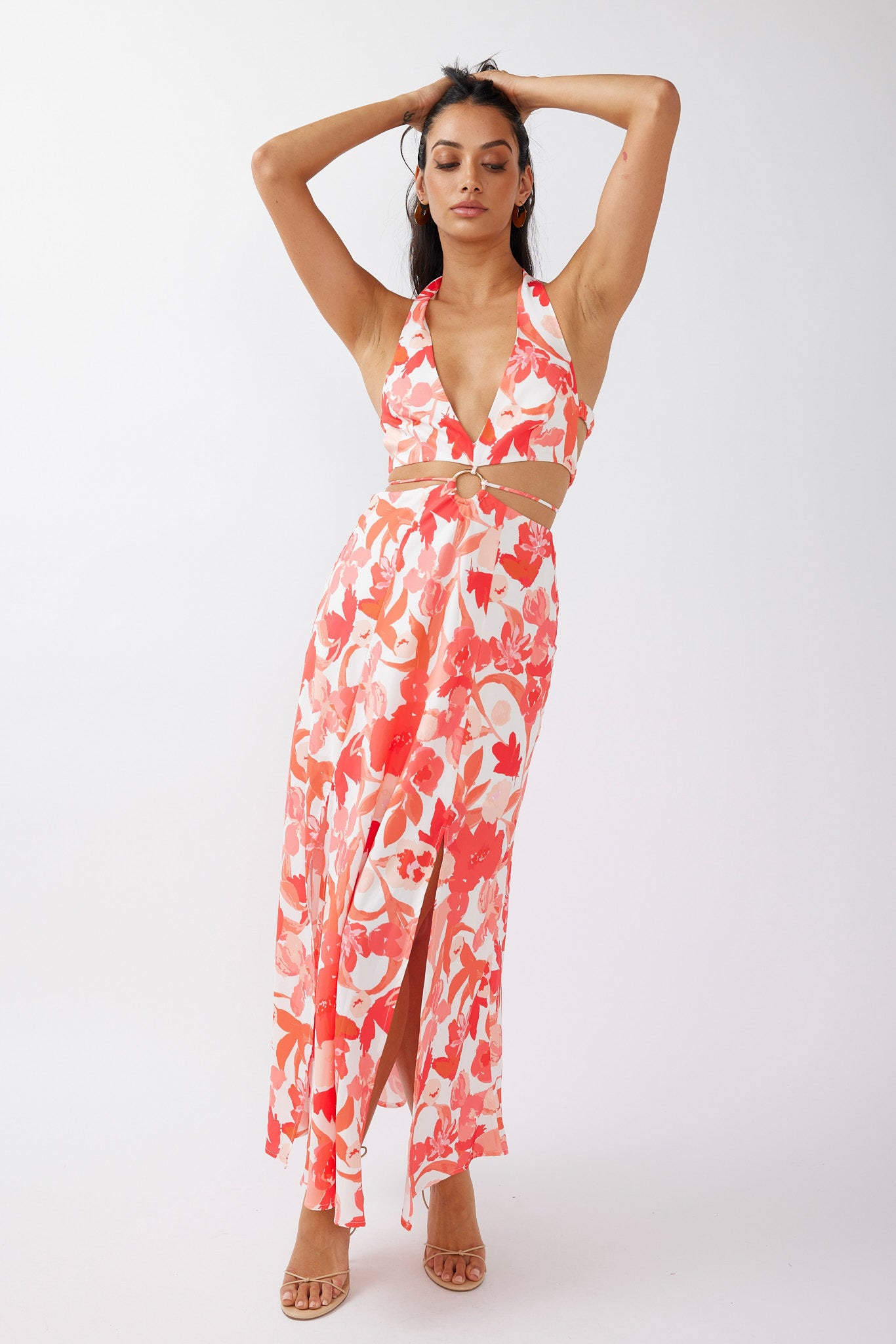 Tuscan Summers Cut-Out Midi Dress Floral Red-Maymioy
