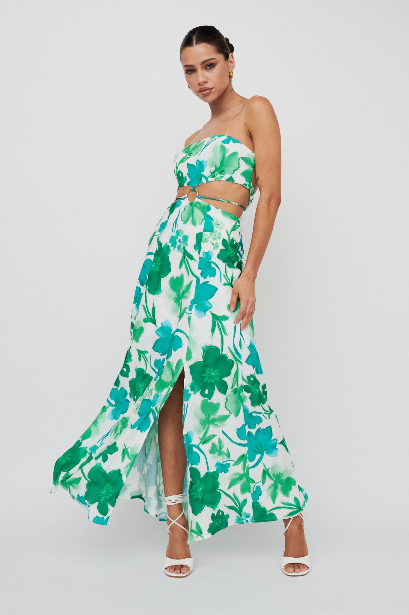 Tuscan Summers Strapless Cut-Out Midi Dress Green-Maymioy