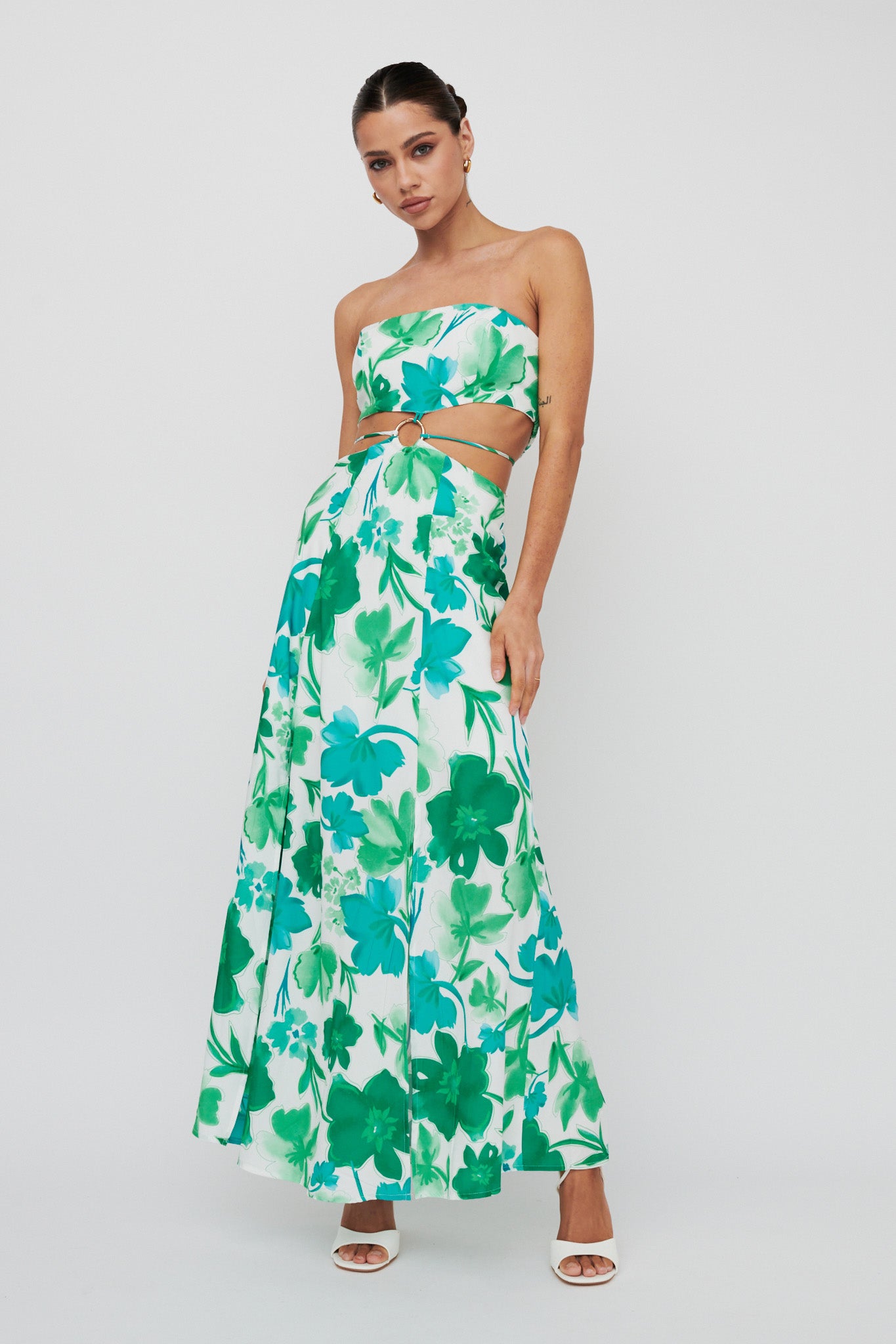 Tuscan Summers Strapless Cut-Out Midi Dress Green-Maymioy