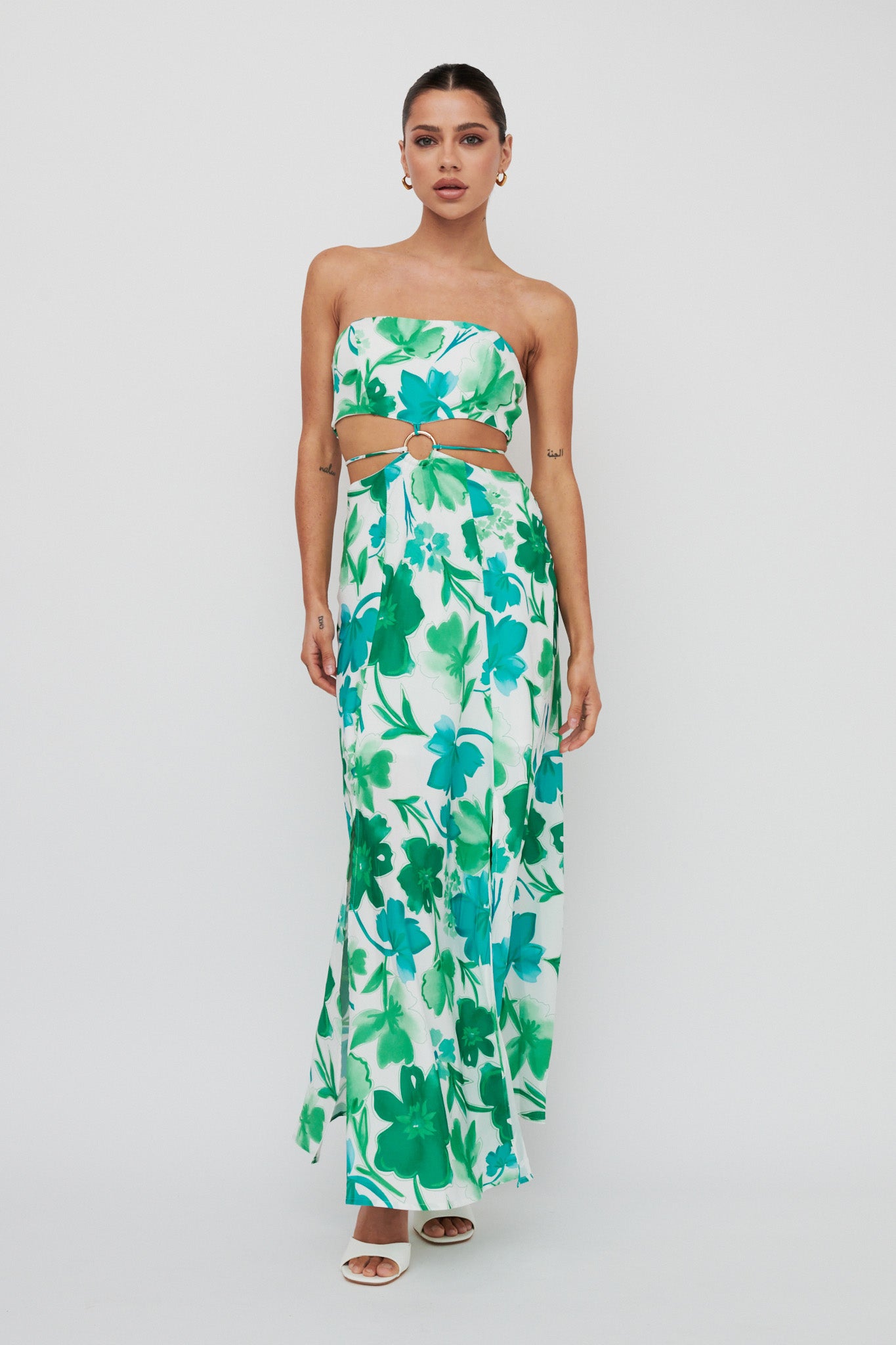 Tuscan Summers Strapless Cut-Out Midi Dress Green-Maymioy