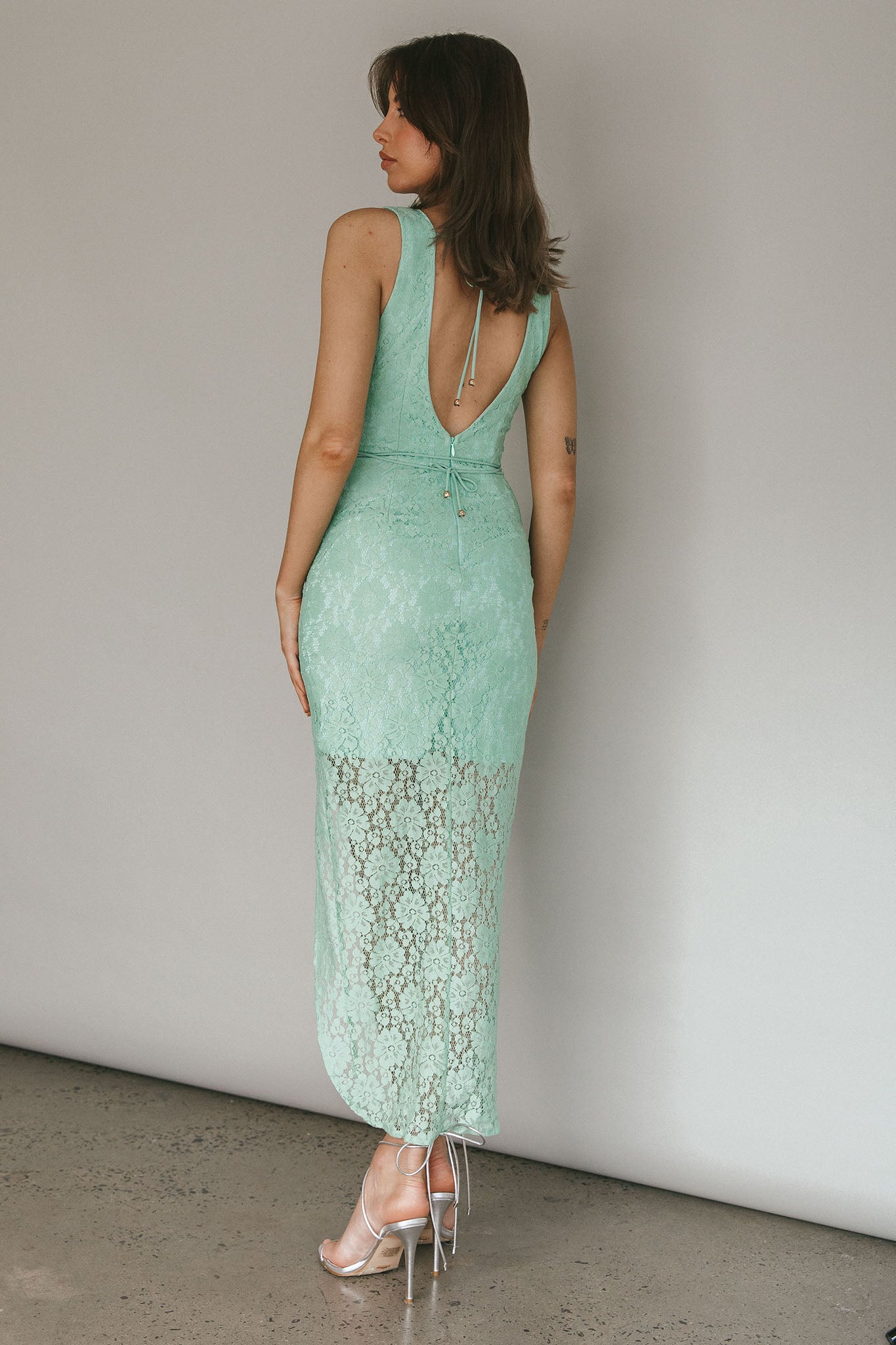 Piece Of Me Plunging Neckline Lace Dress Pistachio-Maymioy