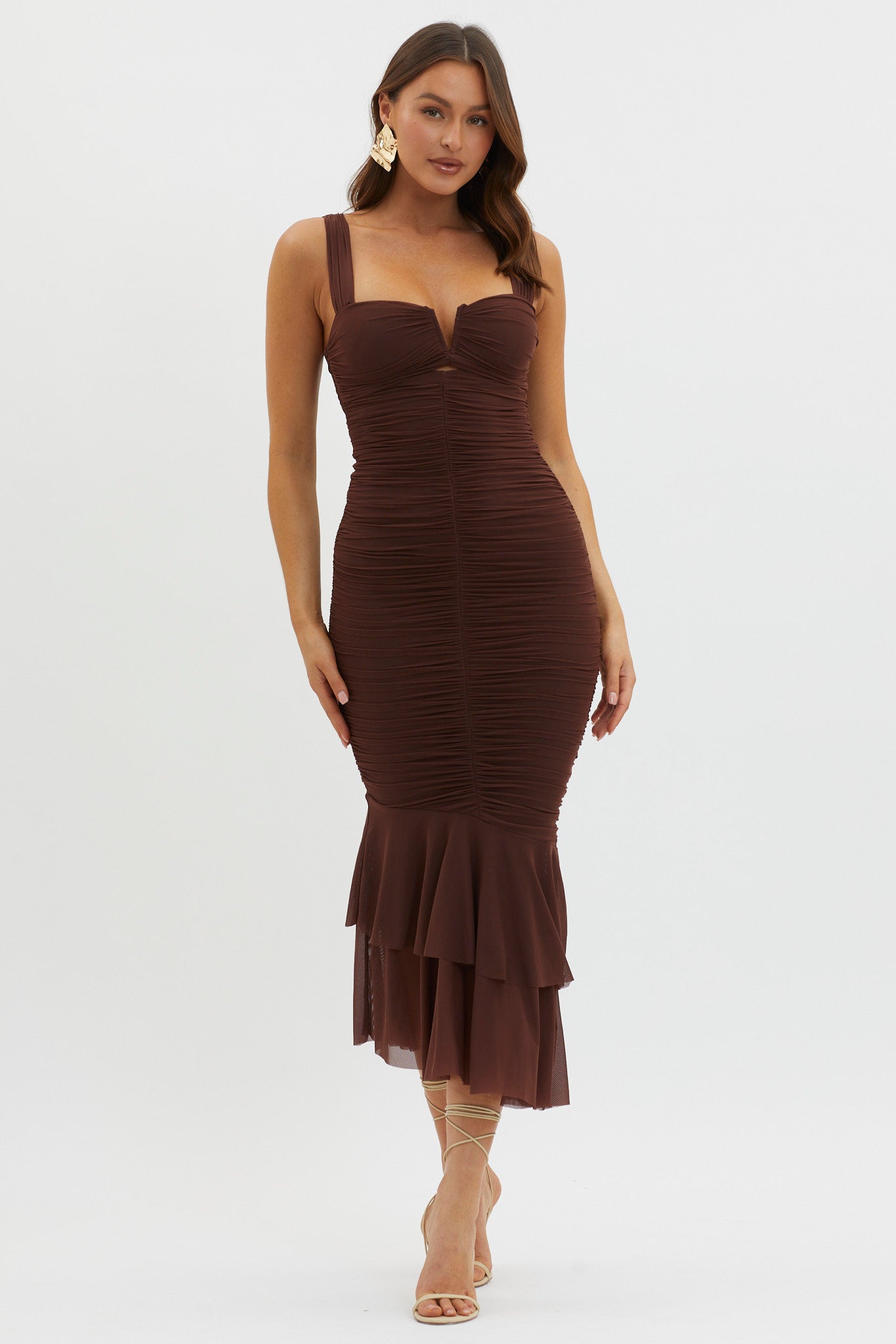 Nadia Ruched Fishtail Maxi Dress Chocolate-Maymioy
