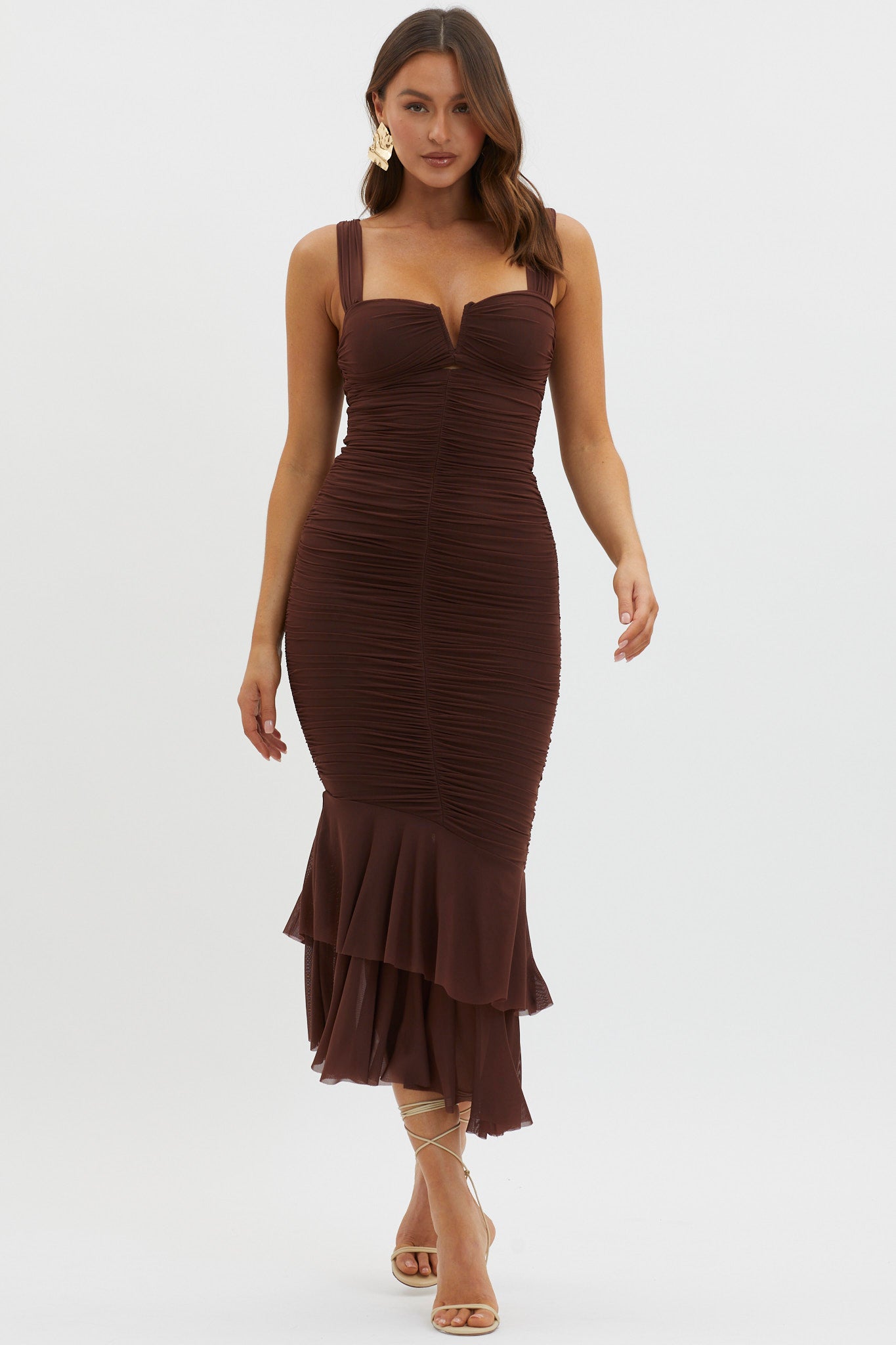 Nadia Ruched Fishtail Maxi Dress Chocolate-Maymioy