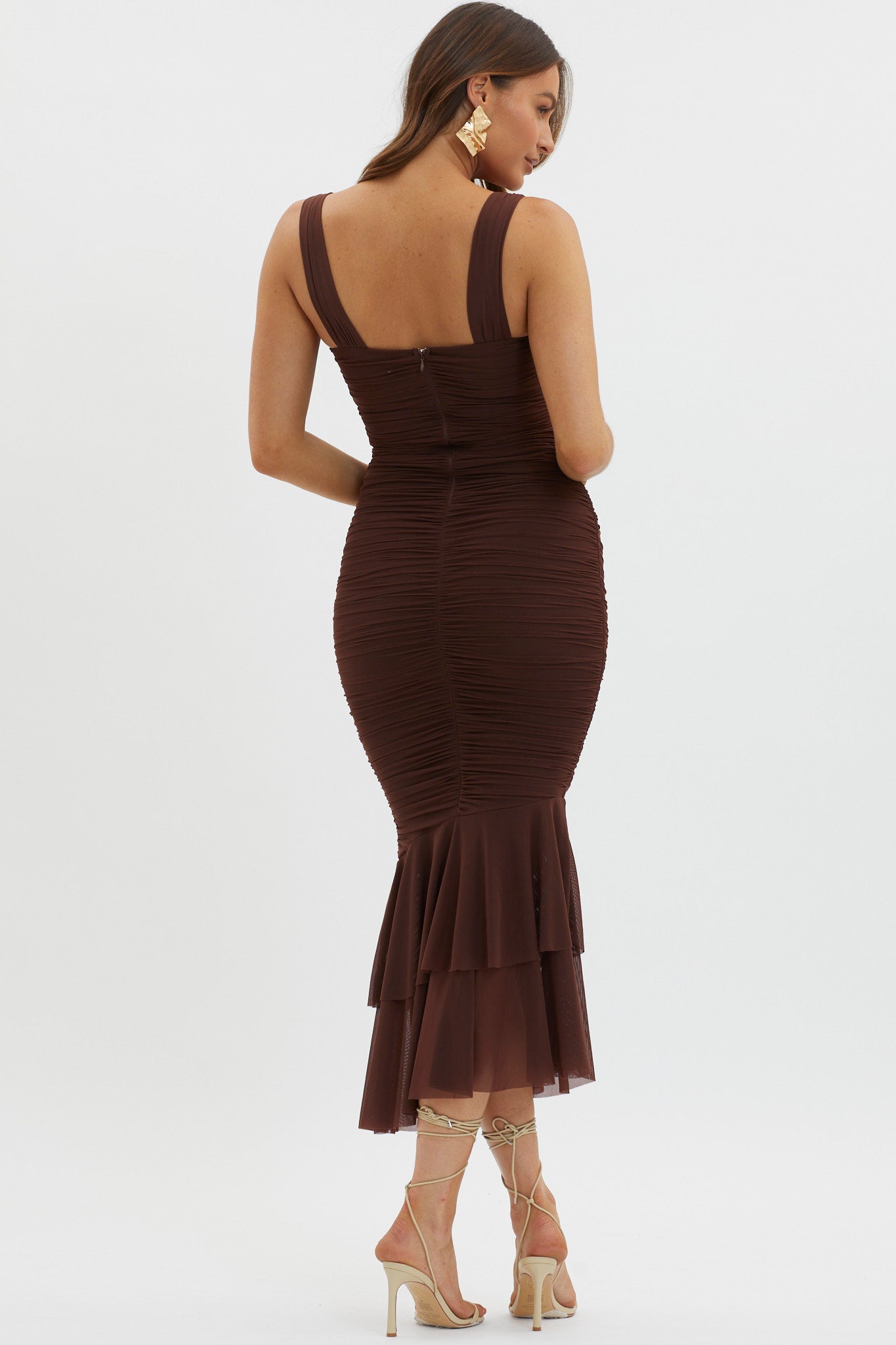 Nadia Ruched Fishtail Maxi Dress Chocolate-Maymioy