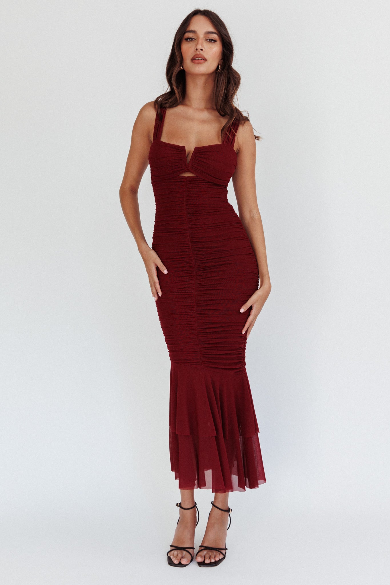 Nadia Ruched Fishtail Maxi Dress Dark Mauve-Maymioy