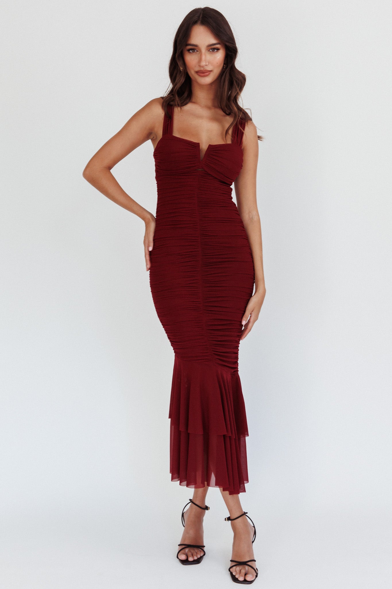 Nadia Ruched Fishtail Maxi Dress Dark Mauve-Maymioy