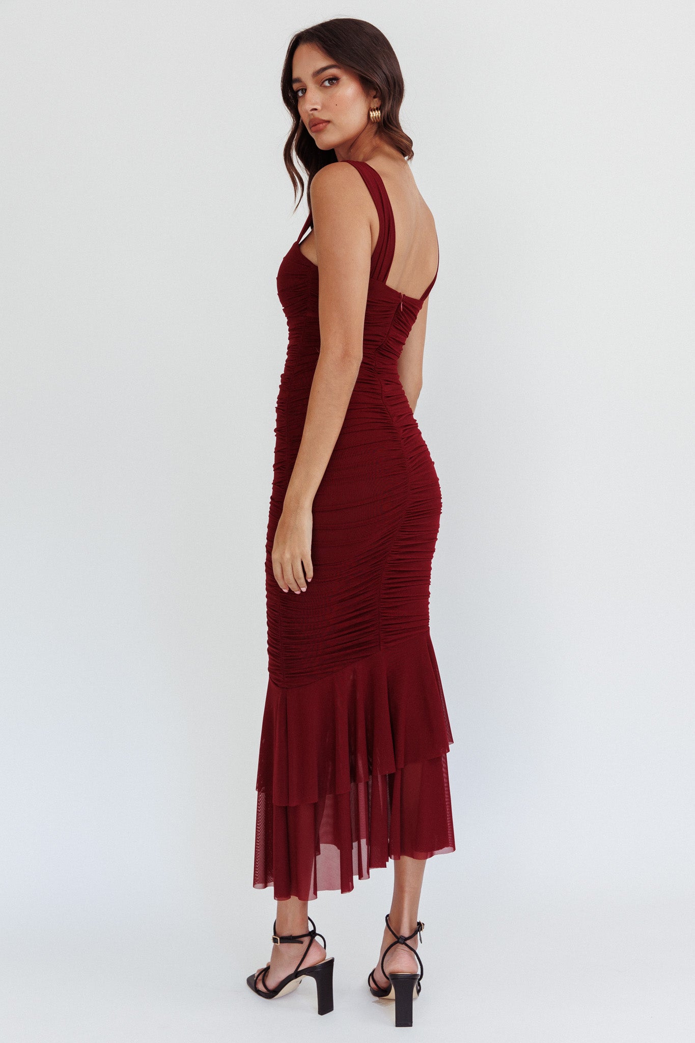 Nadia Ruched Fishtail Maxi Dress Dark Mauve-Maymioy