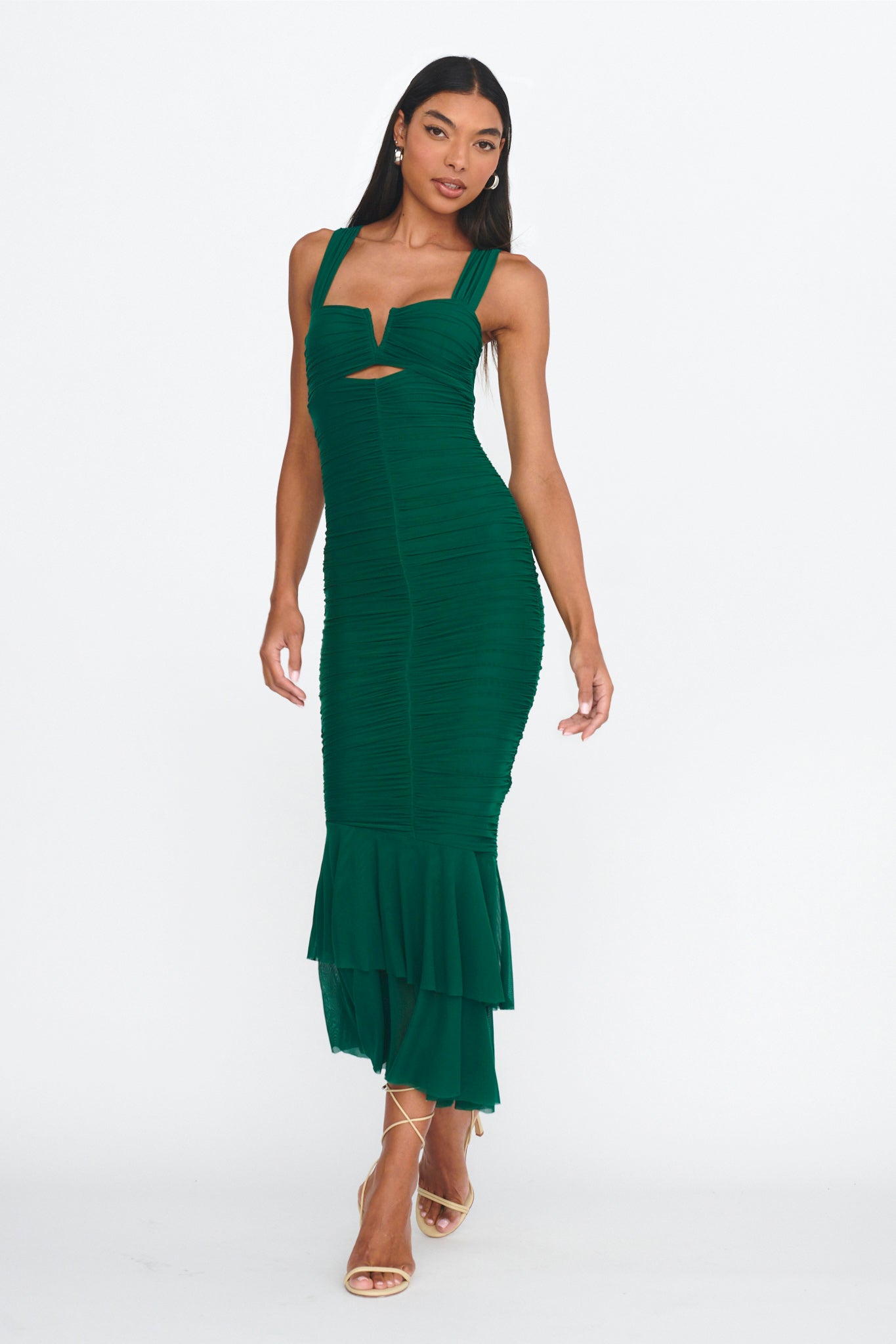 Nadia Ruched Fishtail Maxi Dress Green-Maymioy