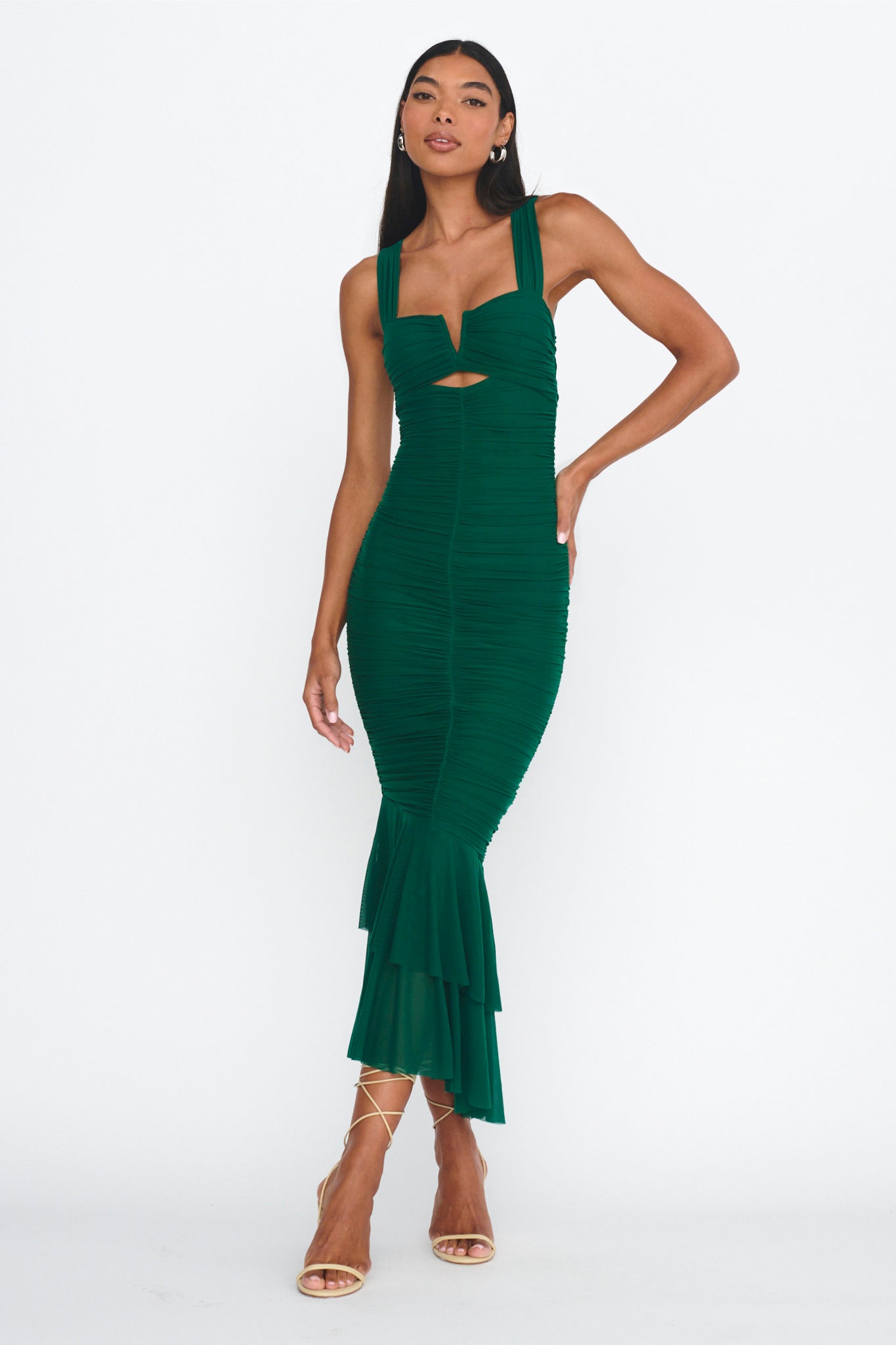 Nadia Ruched Fishtail Maxi Dress Green-Maymioy