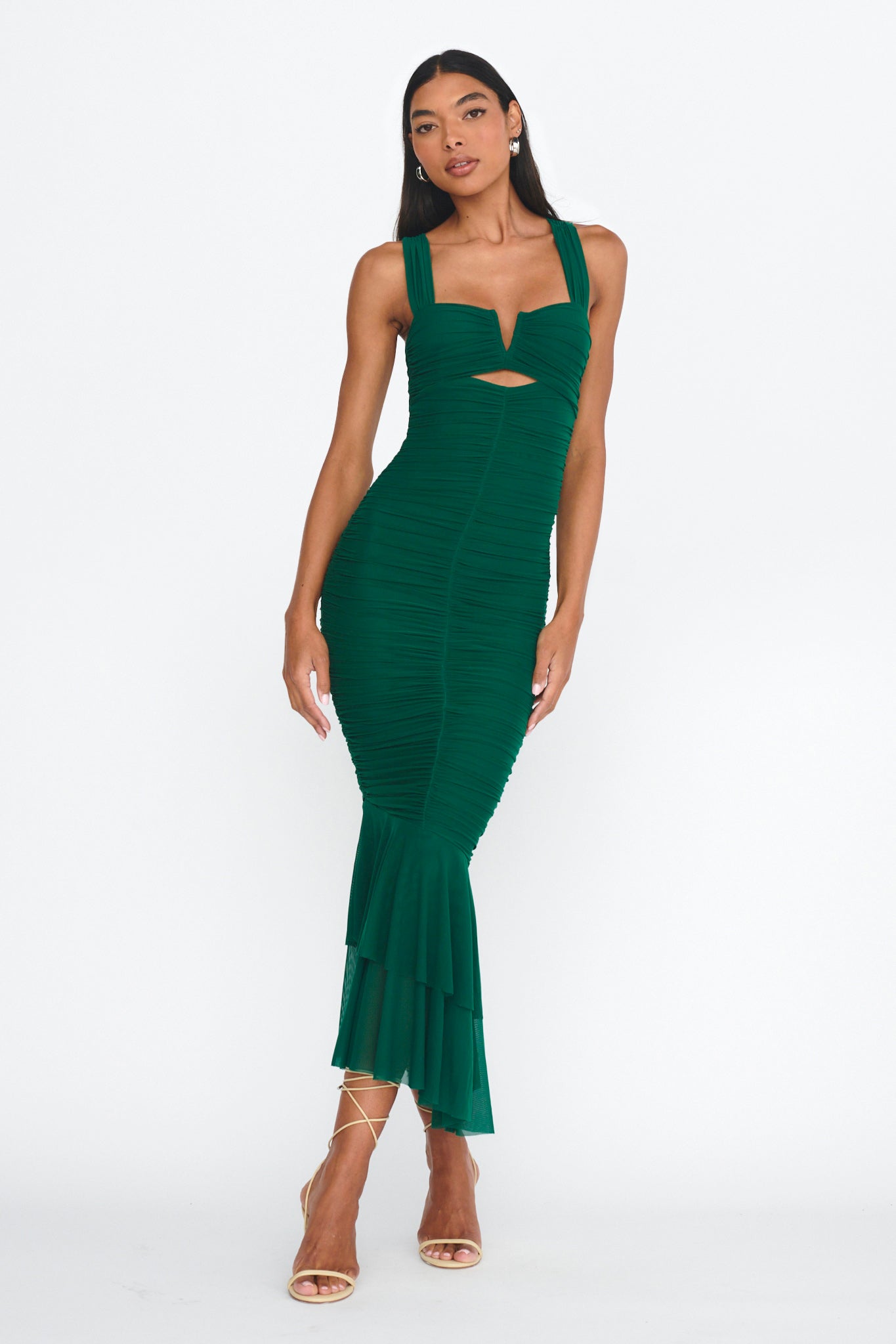 Nadia Ruched Fishtail Maxi Dress Green-Maymioy