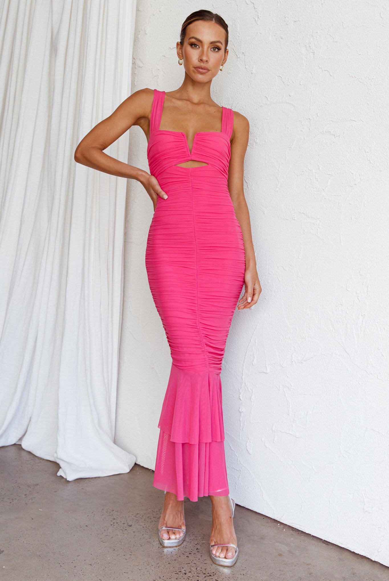 Nadia Ruched Fishtail Maxi Dress Hot Pink-Maymioy