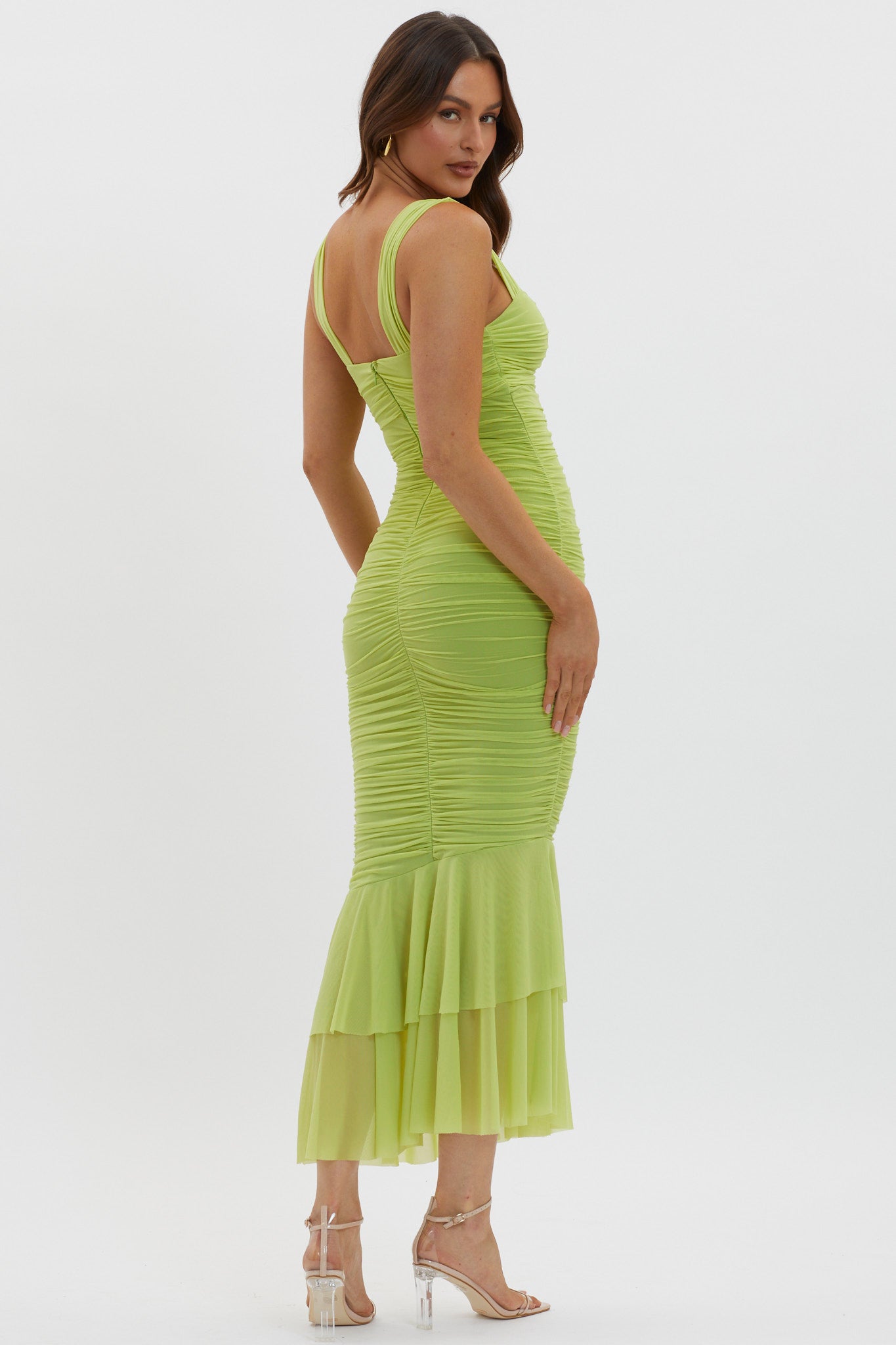 Nadia Ruched Fishtail Maxi Dress Lime-Maymioy