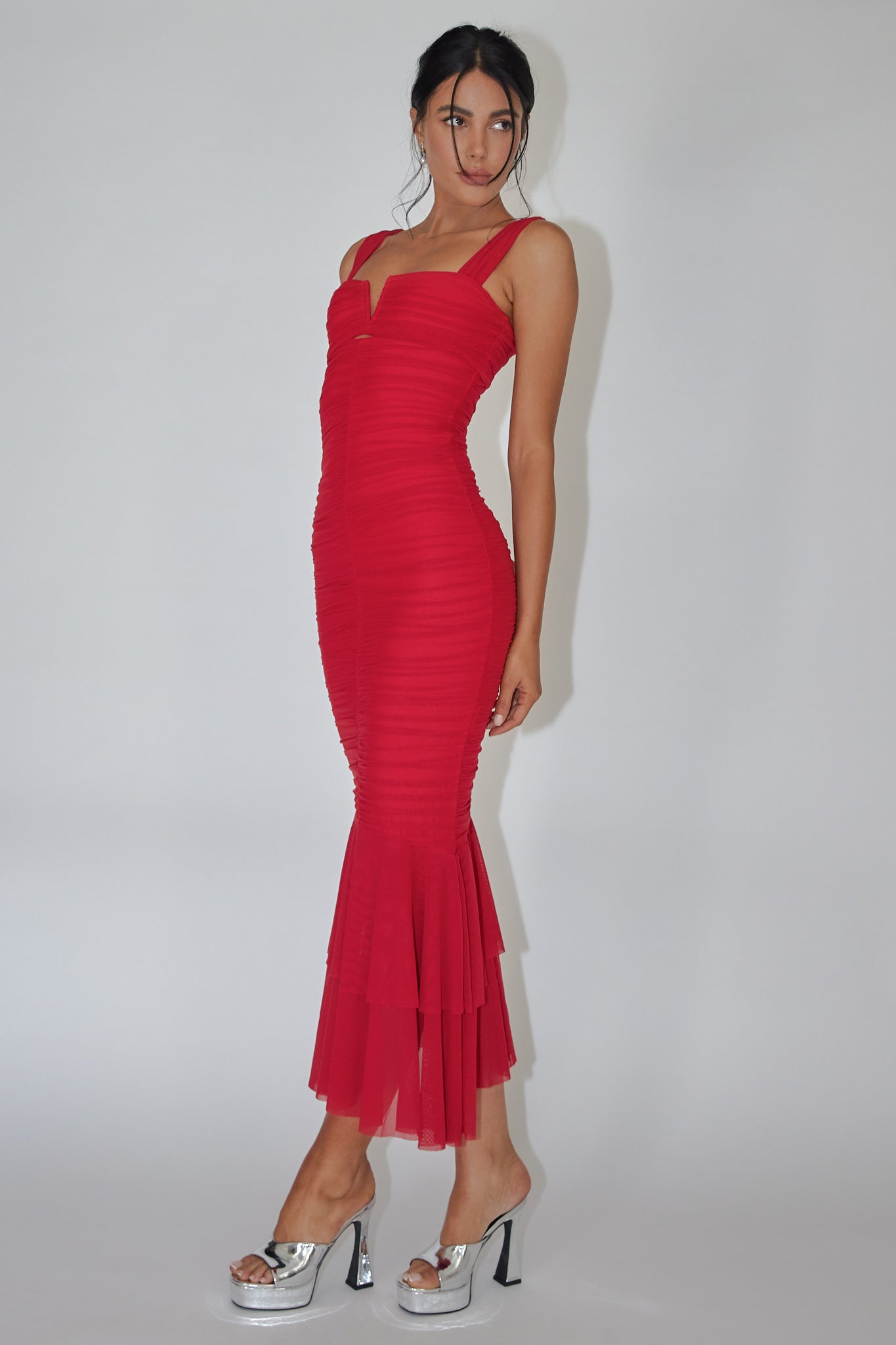 Nadia Ruched Fishtail Maxi Dress Red-Maymioy