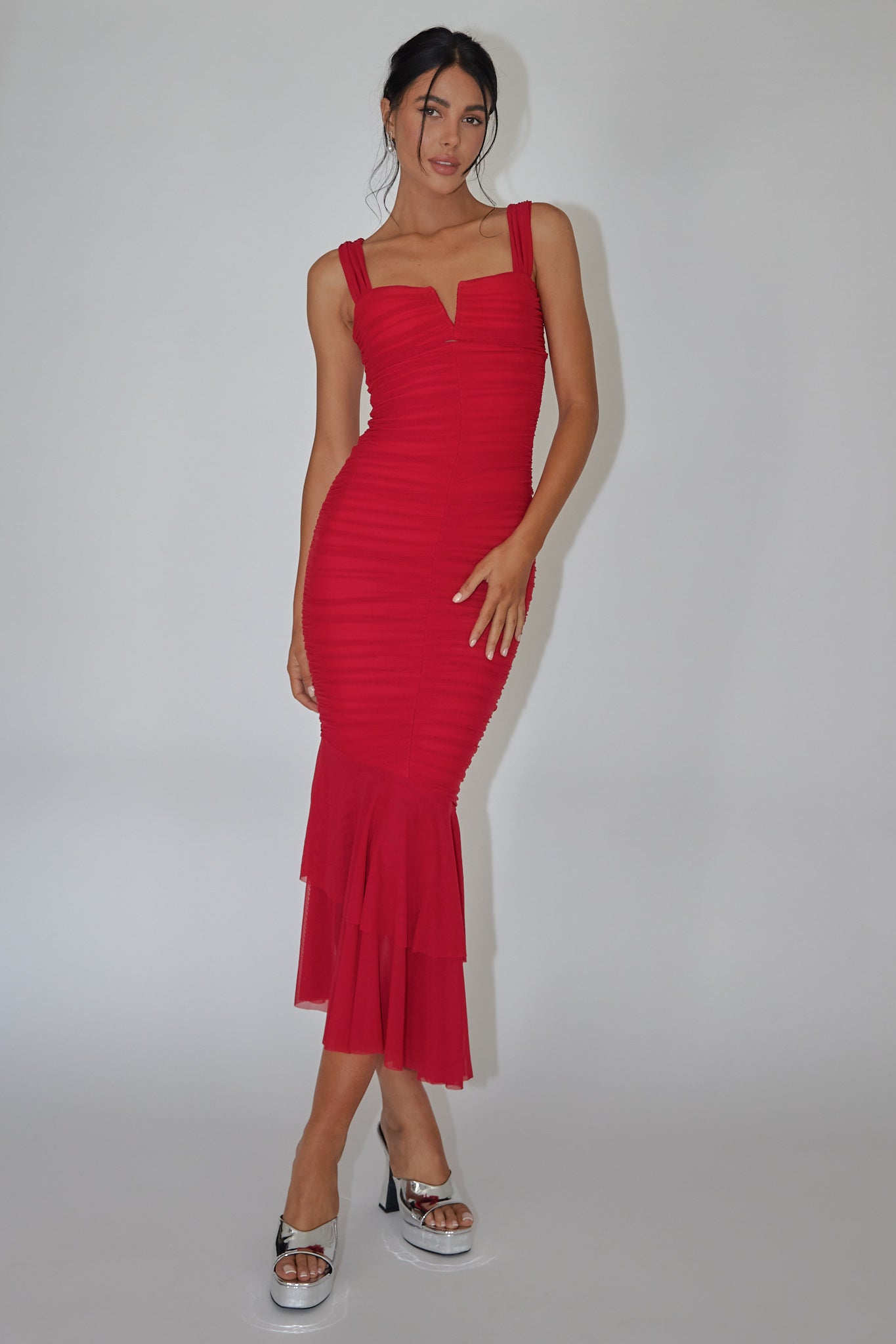 Nadia Ruched Fishtail Maxi Dress Red-Maymioy